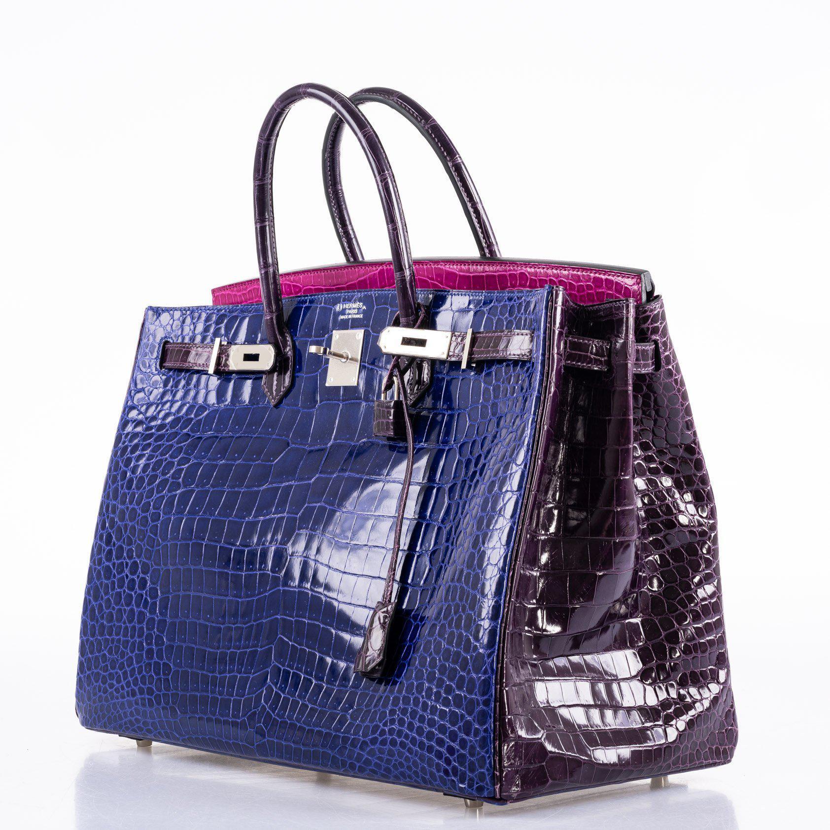 Hermès Birkin 40 Blue Electric, Rose Scheherazade, and Cassis Shiny Porosus Crocodile Palladium Hardware