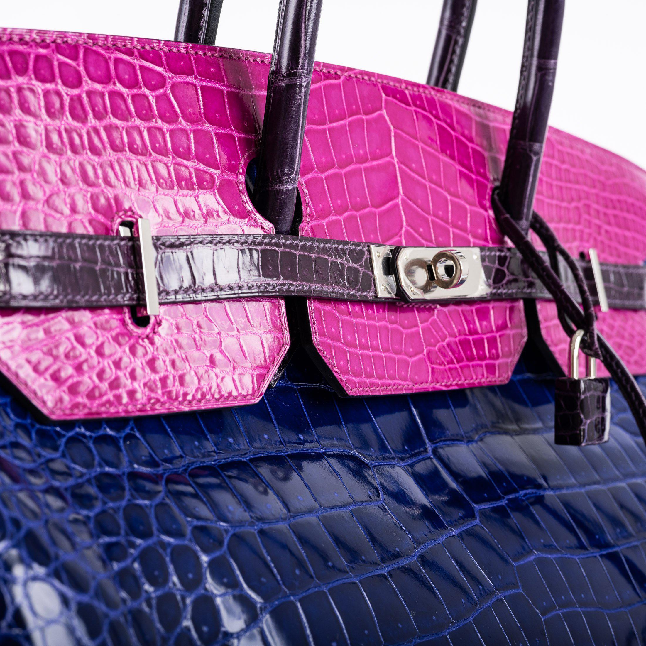 Hermès Birkin 40 Blue Electric, Rose Scheherazade, and Cassis Shiny Porosus Crocodile Palladium Hardware