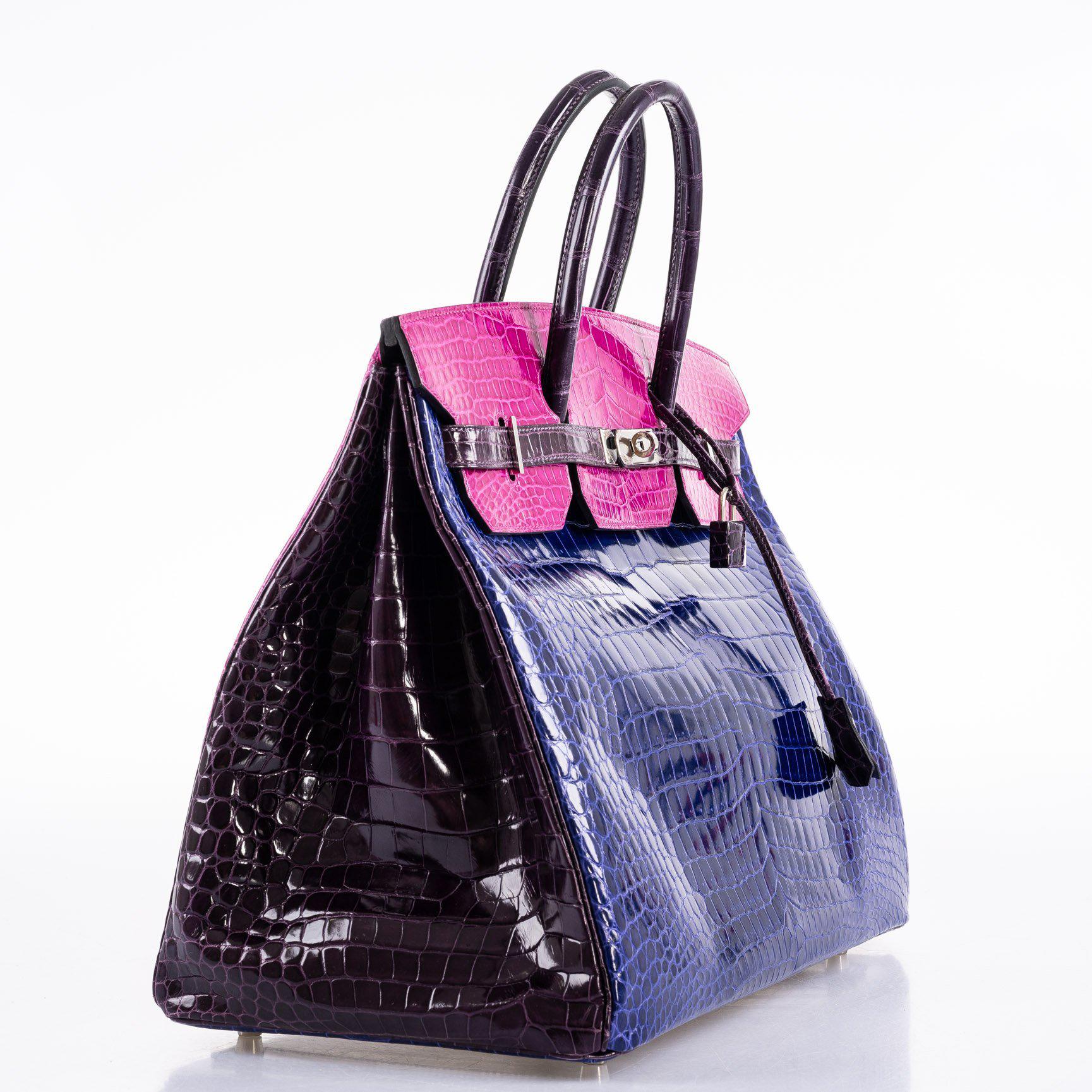 Hermès Birkin 40 Blue Electric, Rose Scheherazade, and Cassis Shiny Porosus Crocodile Palladium Hardware