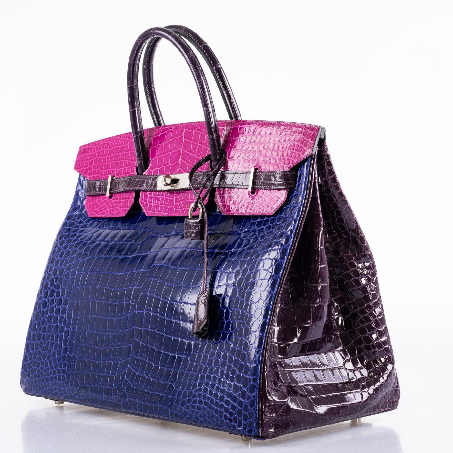Hermès Birkin 40 Blue Electric, Rose Scheherazade, and Cassis Shiny Porosus Crocodile Palladium Hardware