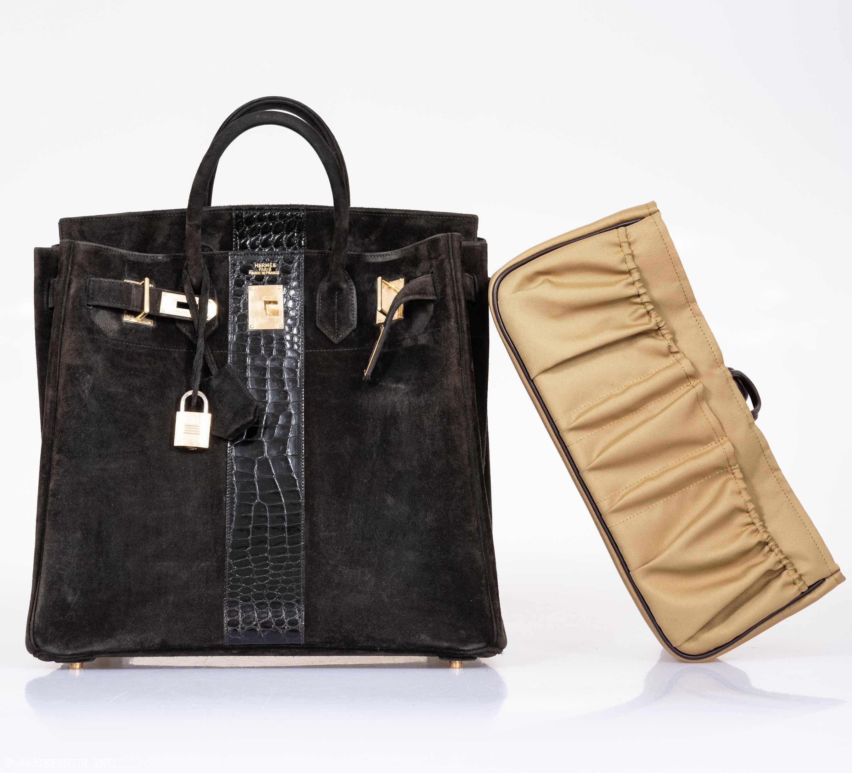 Hermès Birkin 40 HAC Black Suede & Crocodile Gold Hardware - Rare