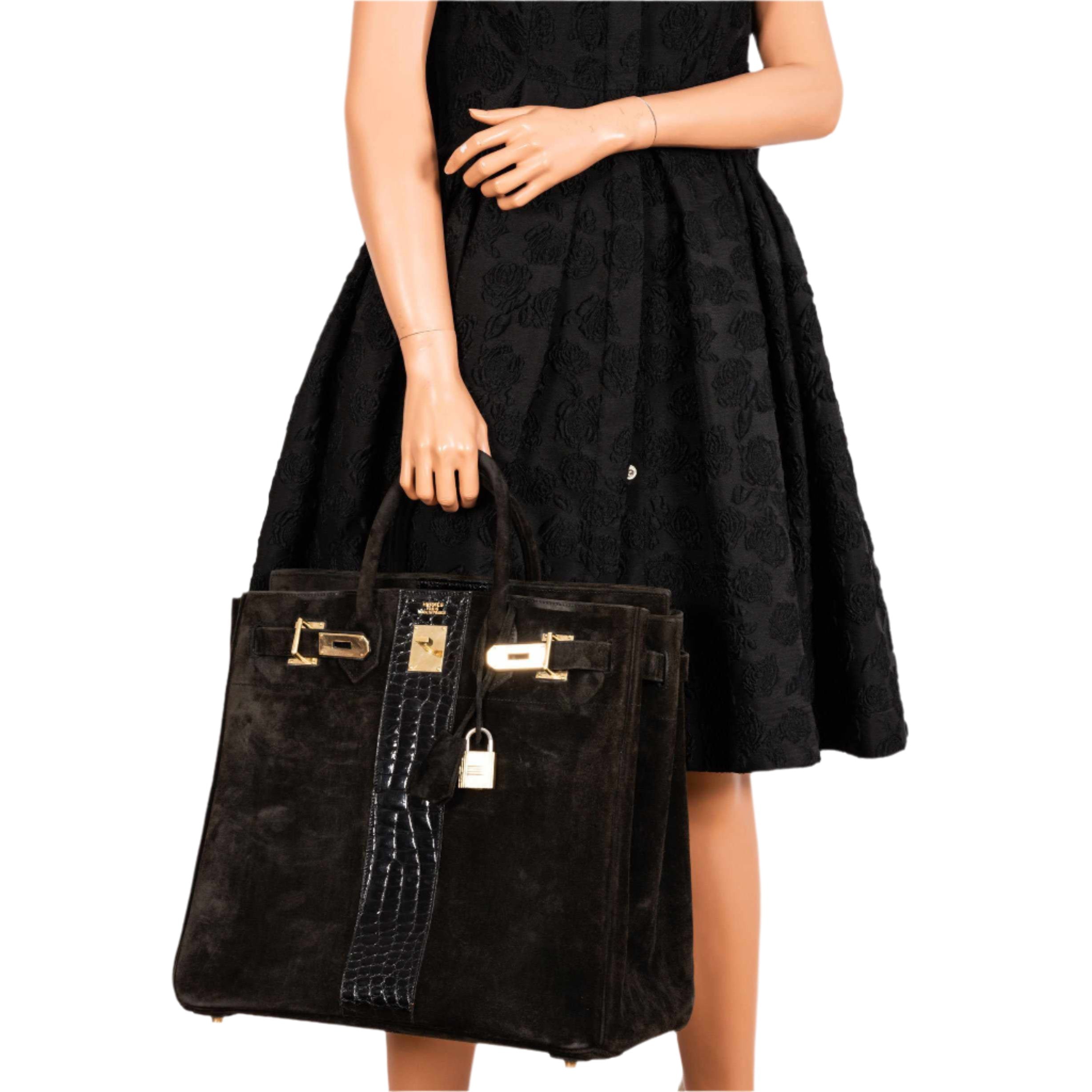 Hermès Birkin 40 HAC Black Suede & Crocodile Gold Hardware - Rare