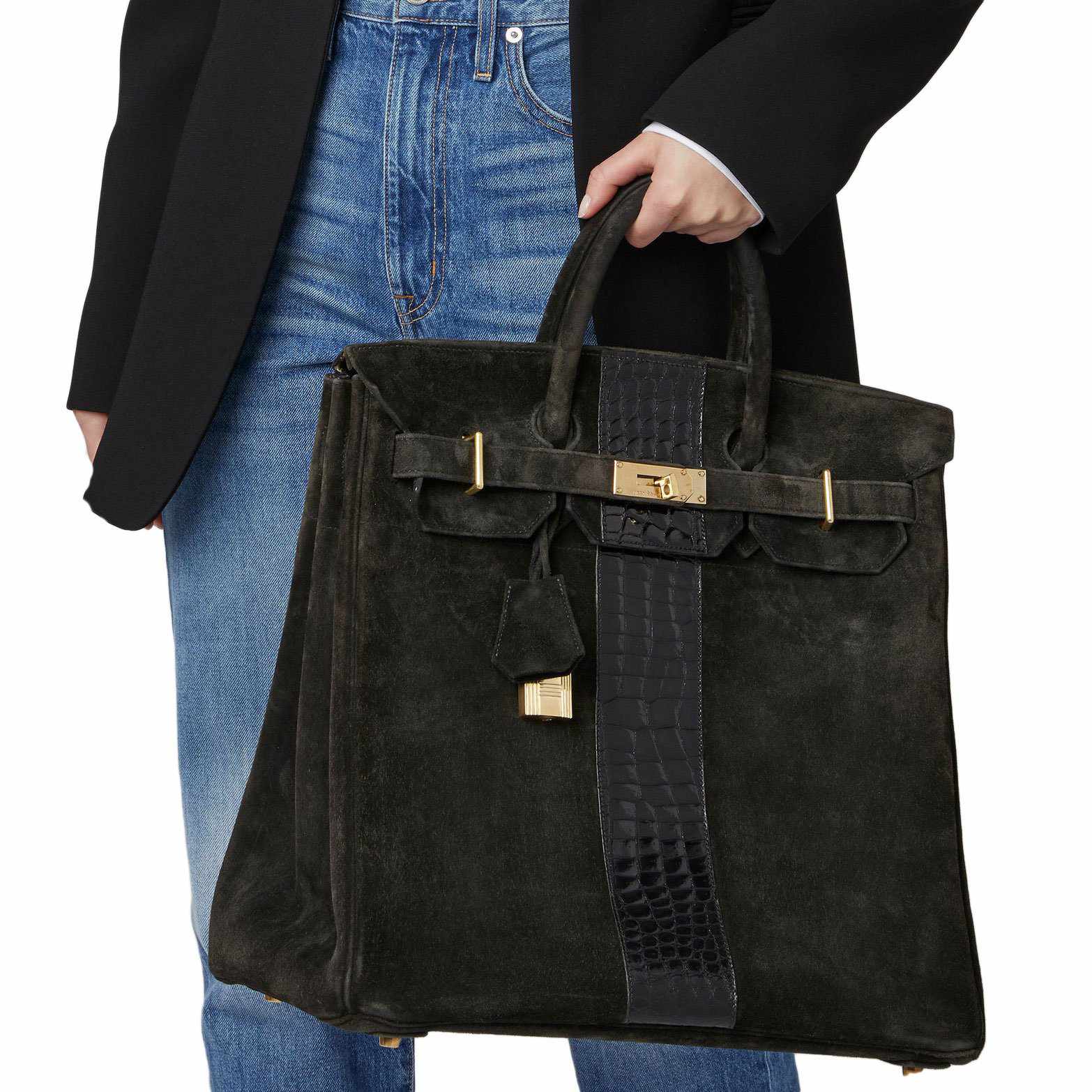Hermès Birkin 40 HAC Black Suede & Crocodile Gold Hardware - Rare