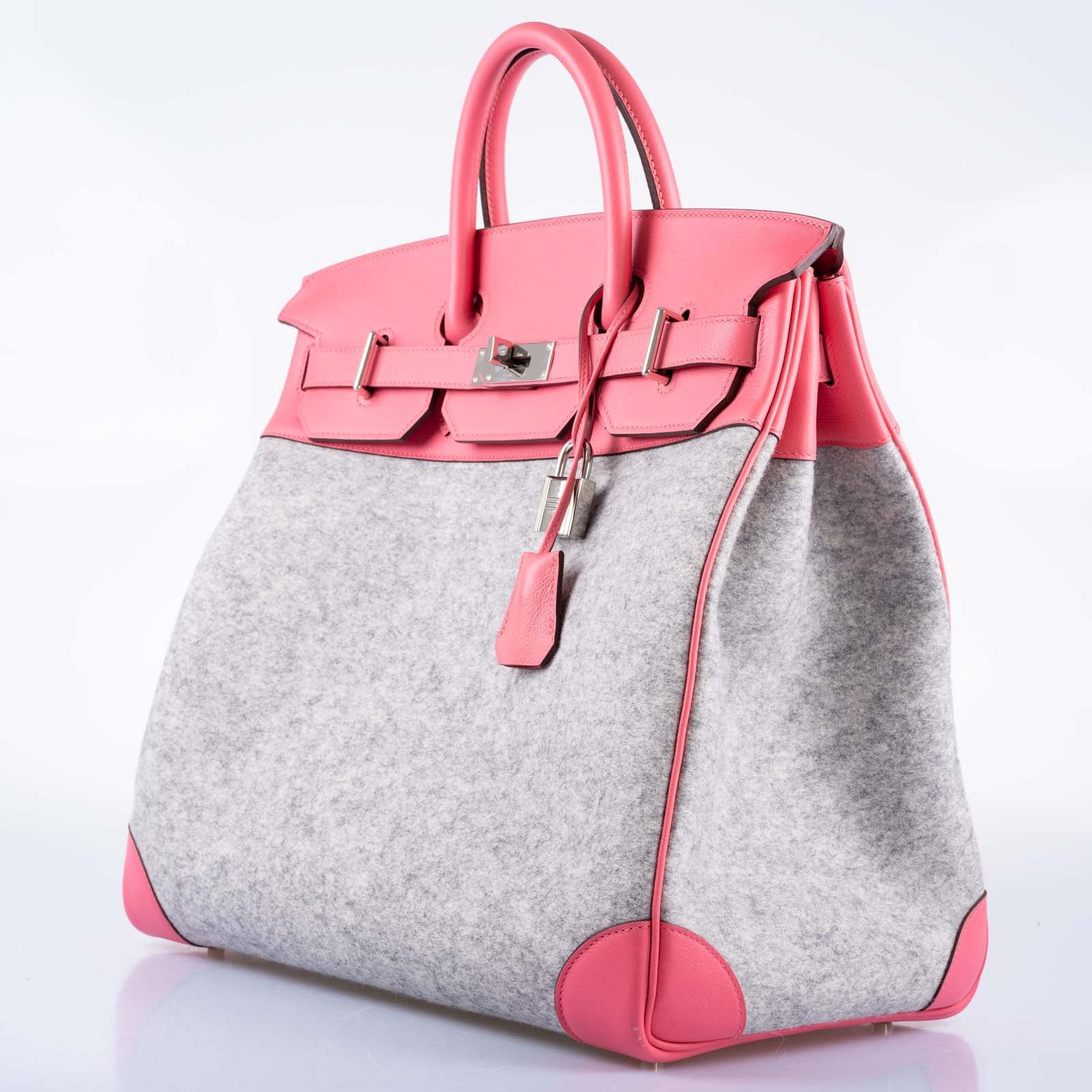 Hermès Birkin 40 HAC Rose Azalée Evercolor leather and Gris Clair Wool Toudou Palladium Hardware