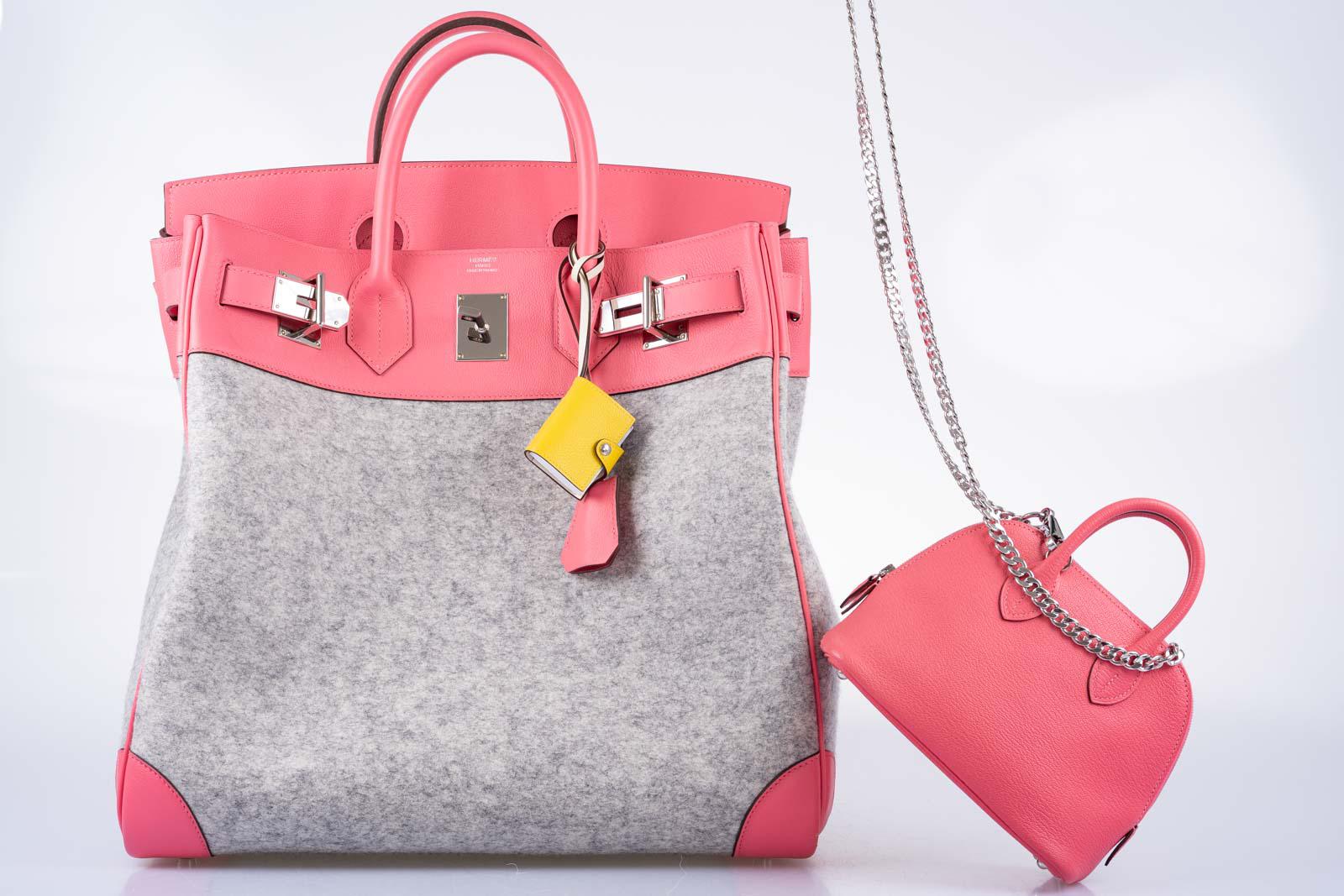 Hermès Birkin 40 HAC Rose Azalée Evercolor leather and Gris Clair Wool Toudou Palladium Hardware