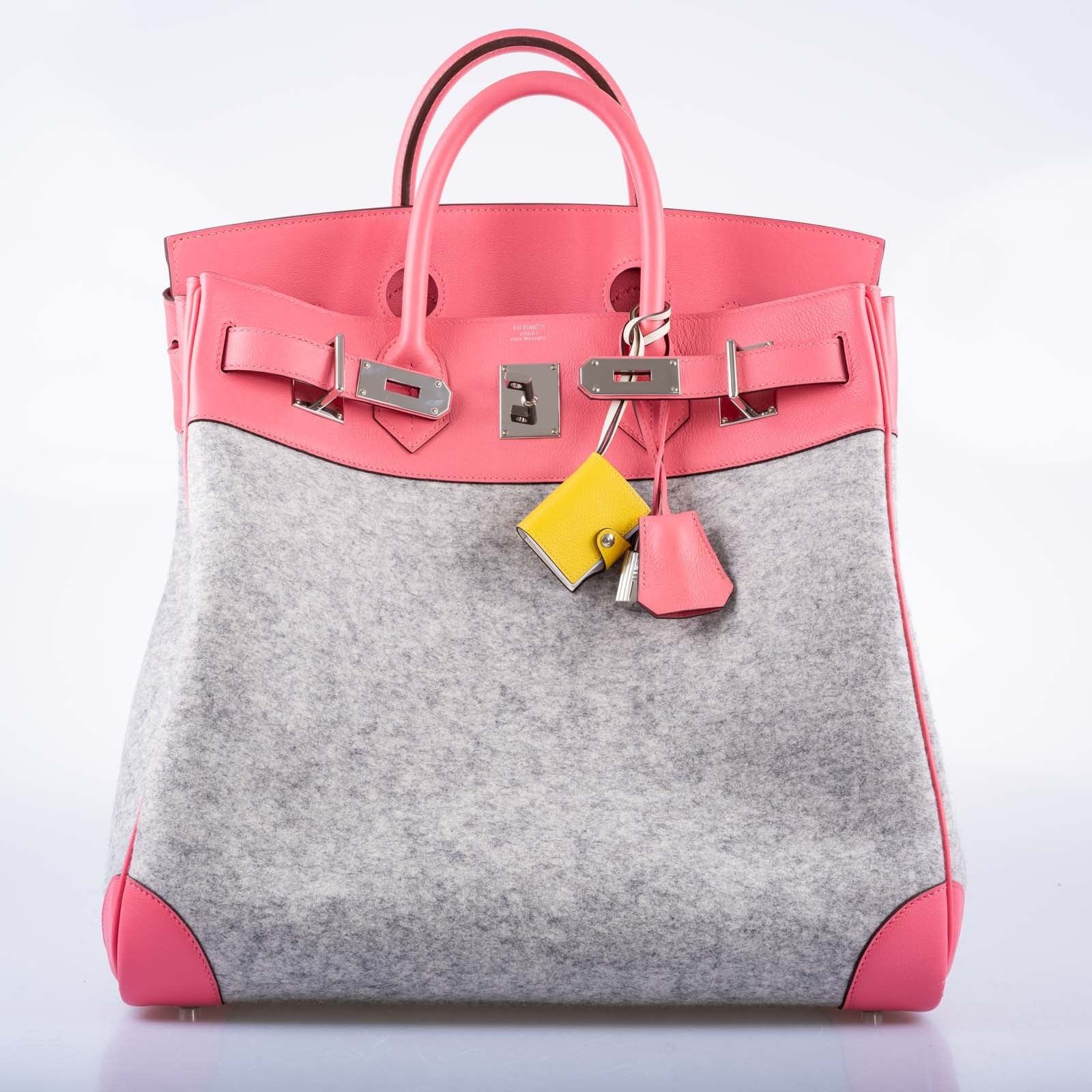 Hermès Birkin 40 HAC Rose Azalée Evercolor leather and Gris Clair Wool Toudou Palladium Hardware