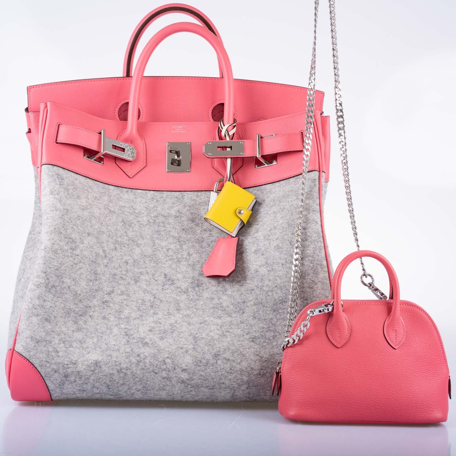 Hermès Birkin 40 HAC Rose Azalée Evercolor leather and Gris Clair Wool Toudou Palladium Hardware