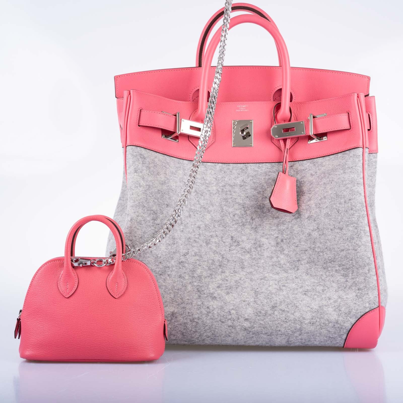 Hermès Birkin 40 HAC Rose Azalée Evercolor leather and Gris Clair Wool Toudou Palladium Hardware