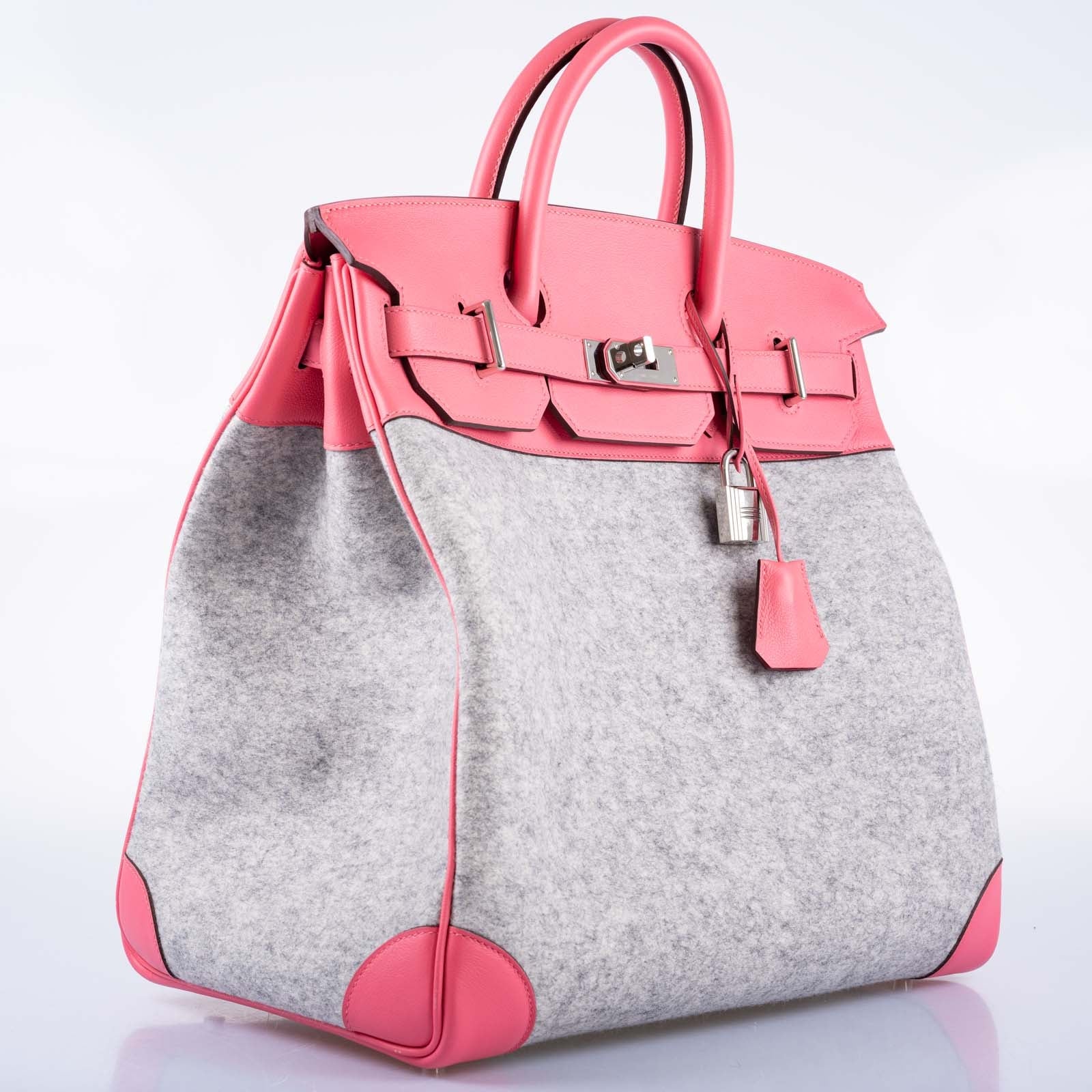 Hermès Birkin 40 HAC Rose Azalée Evercolor leather and Gris Clair Wool Toudou Palladium Hardware