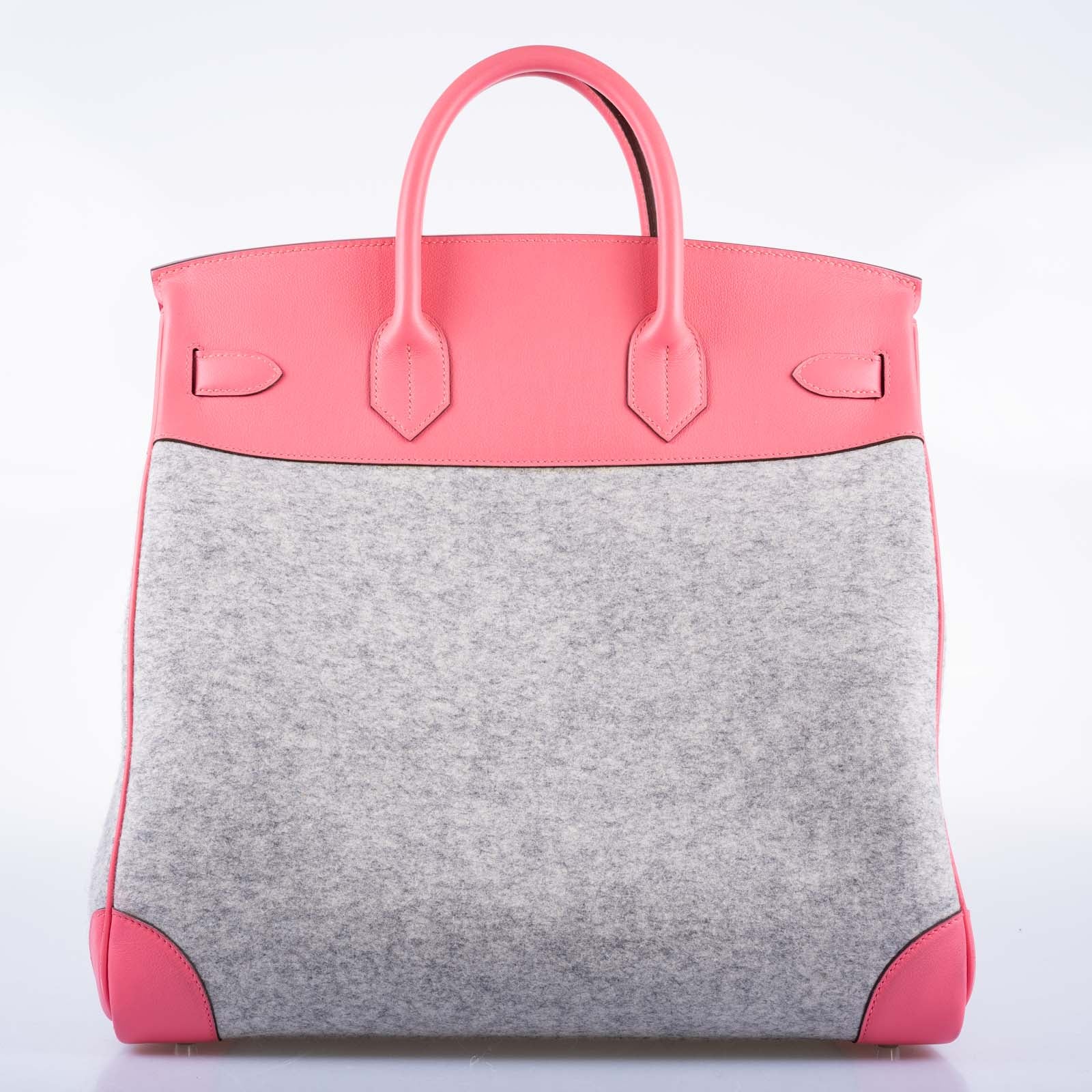 Hermès Birkin 40 HAC Rose Azalée Evercolor leather and Gris Clair Wool Toudou Palladium Hardware