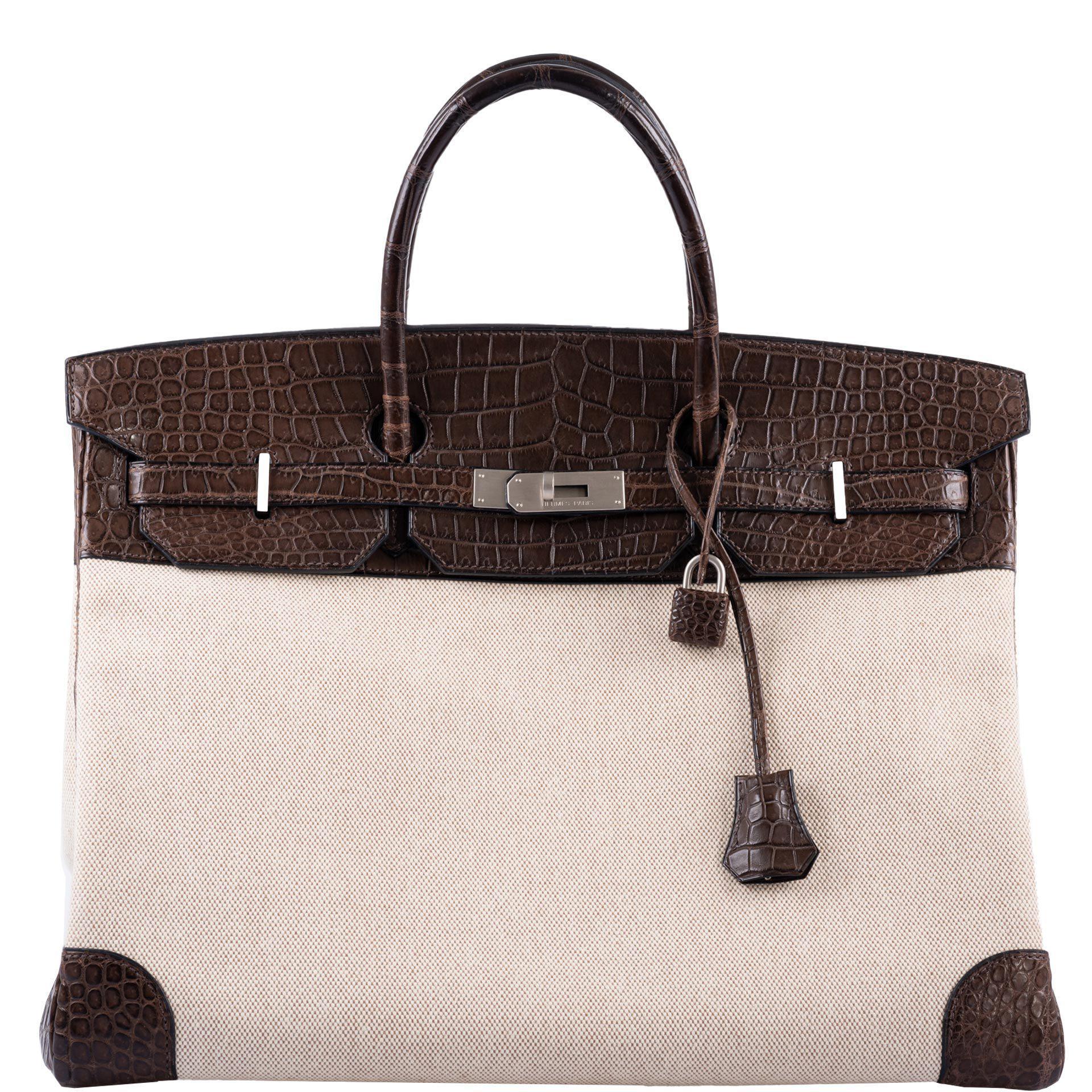 Hermès Birkin 40 Havane Matte Porosus Crocodile & Toile Brushed Palladium Hardware
