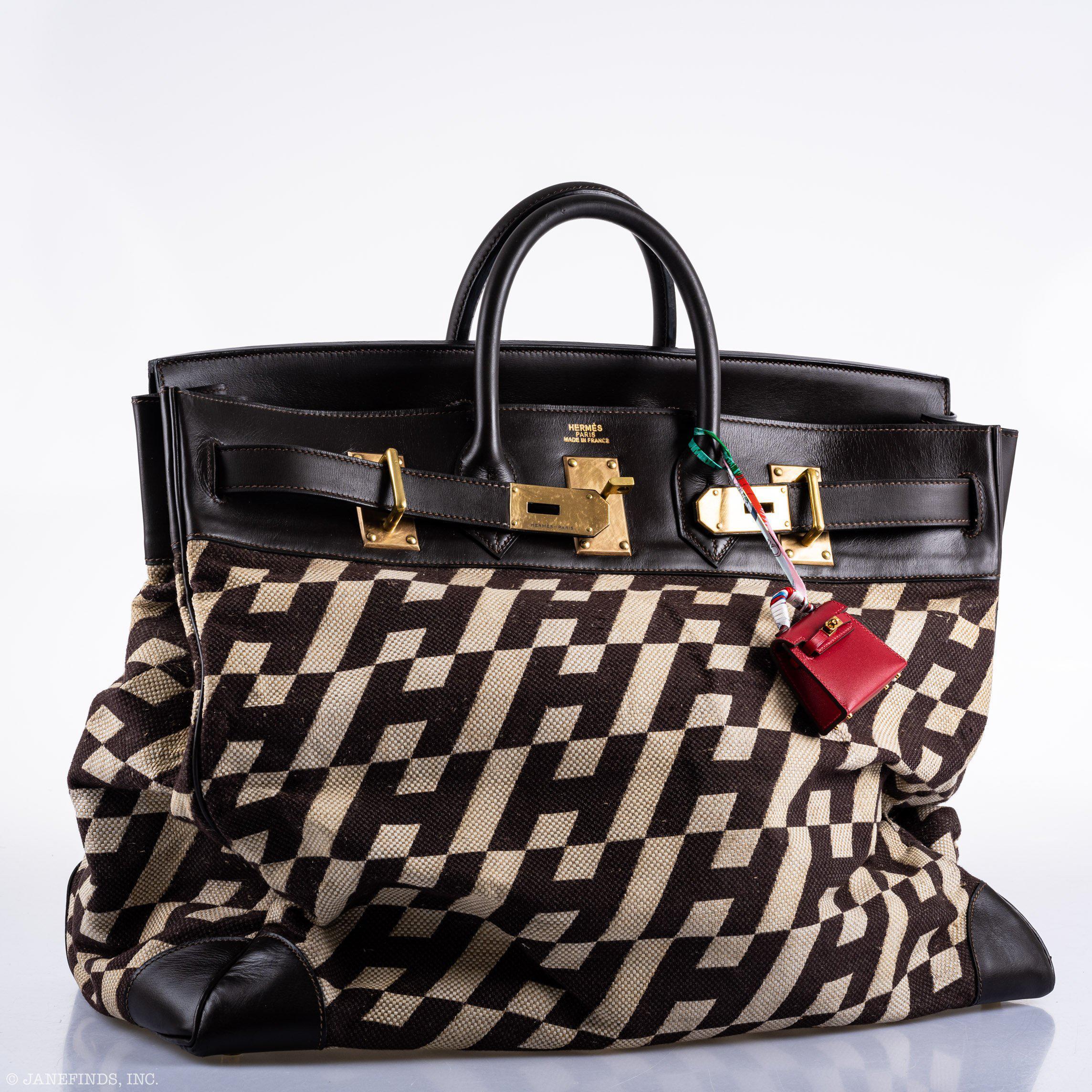 Hermès Birkin 50 HAC 1985 Ligne Ulysse Marron Fonce, Toile "H" Pattern Gilt Metal Hardware