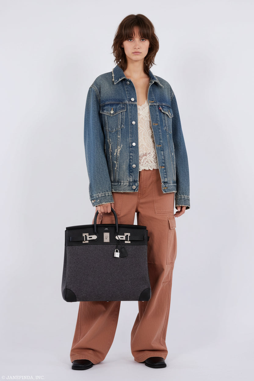 Hermès Birkin 50 HAC Gray Feutre Wool & Black Togo Leather Palladium Hardware