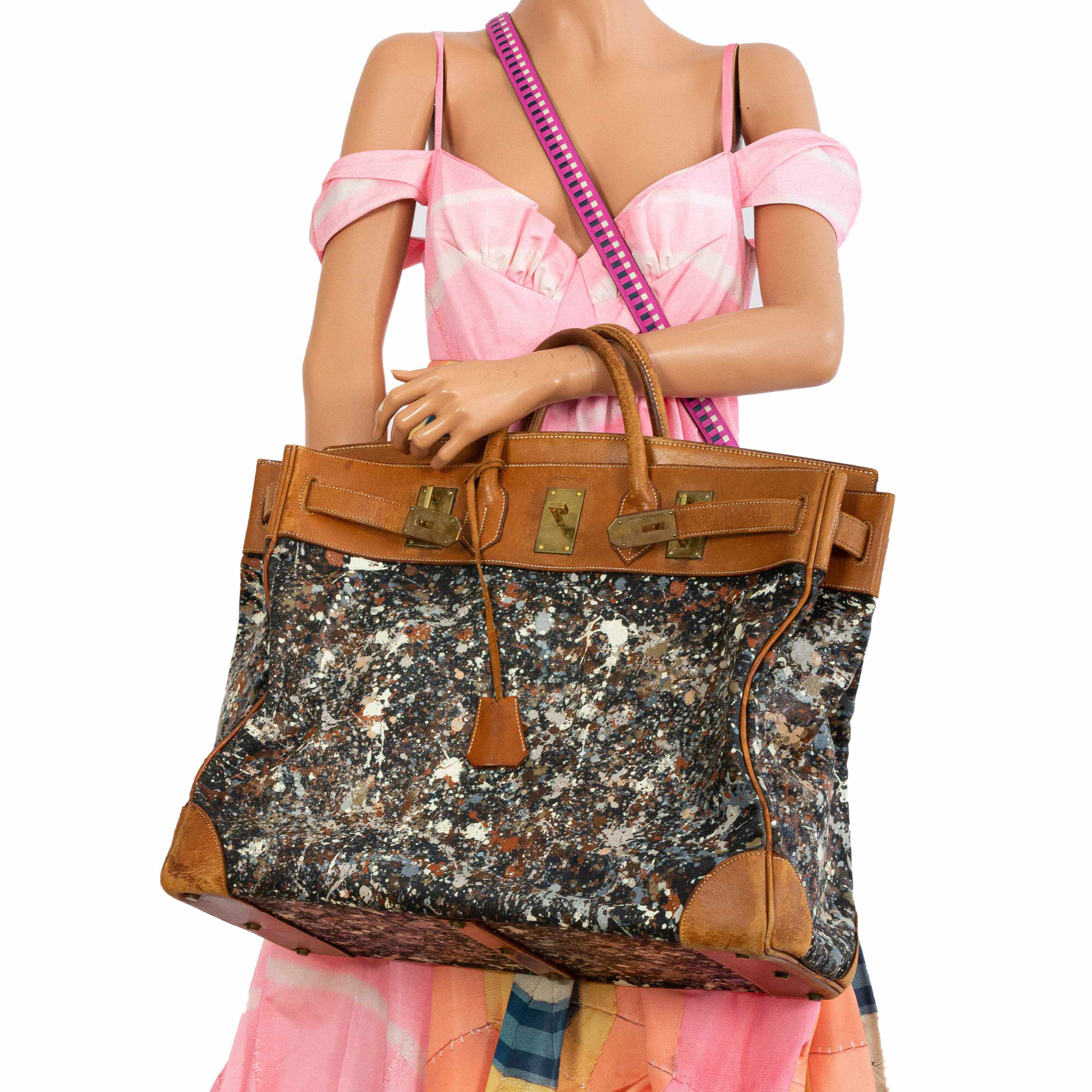 Hermès Birkin 50 HAC Toile & Barenia “Jackson Pollock Splatter” Gold Hardware 1968 * JaneFinds Custom Shop