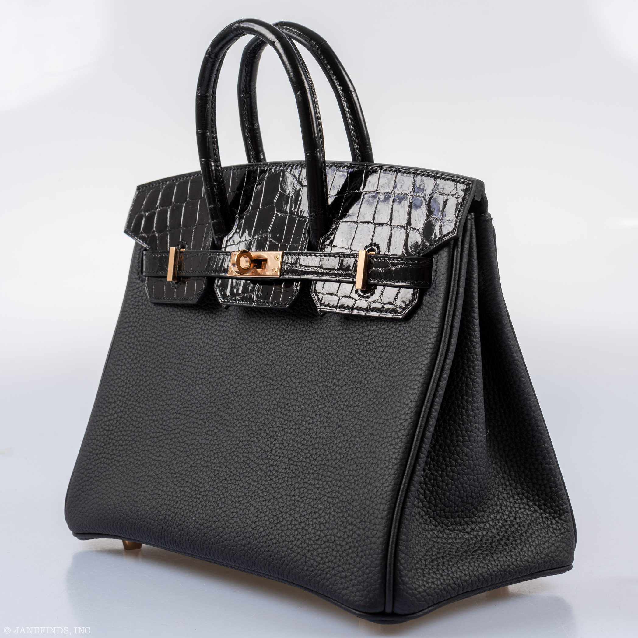 Hermès Birkin Touch 25 Black Togo & Niloticus Crocodile Rose Gold Hardware