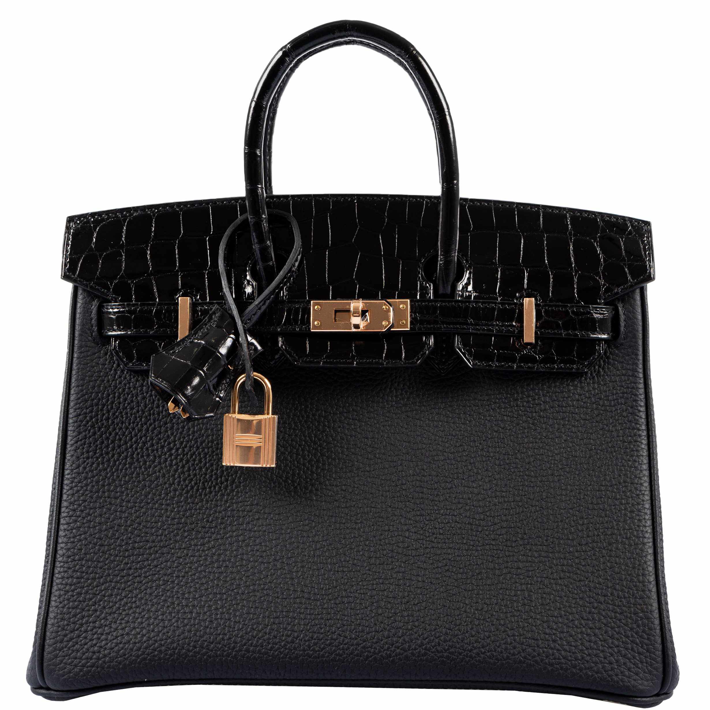 Hermès Birkin Touch 25 Black Togo & Niloticus Crocodile Rose Gold Hardware