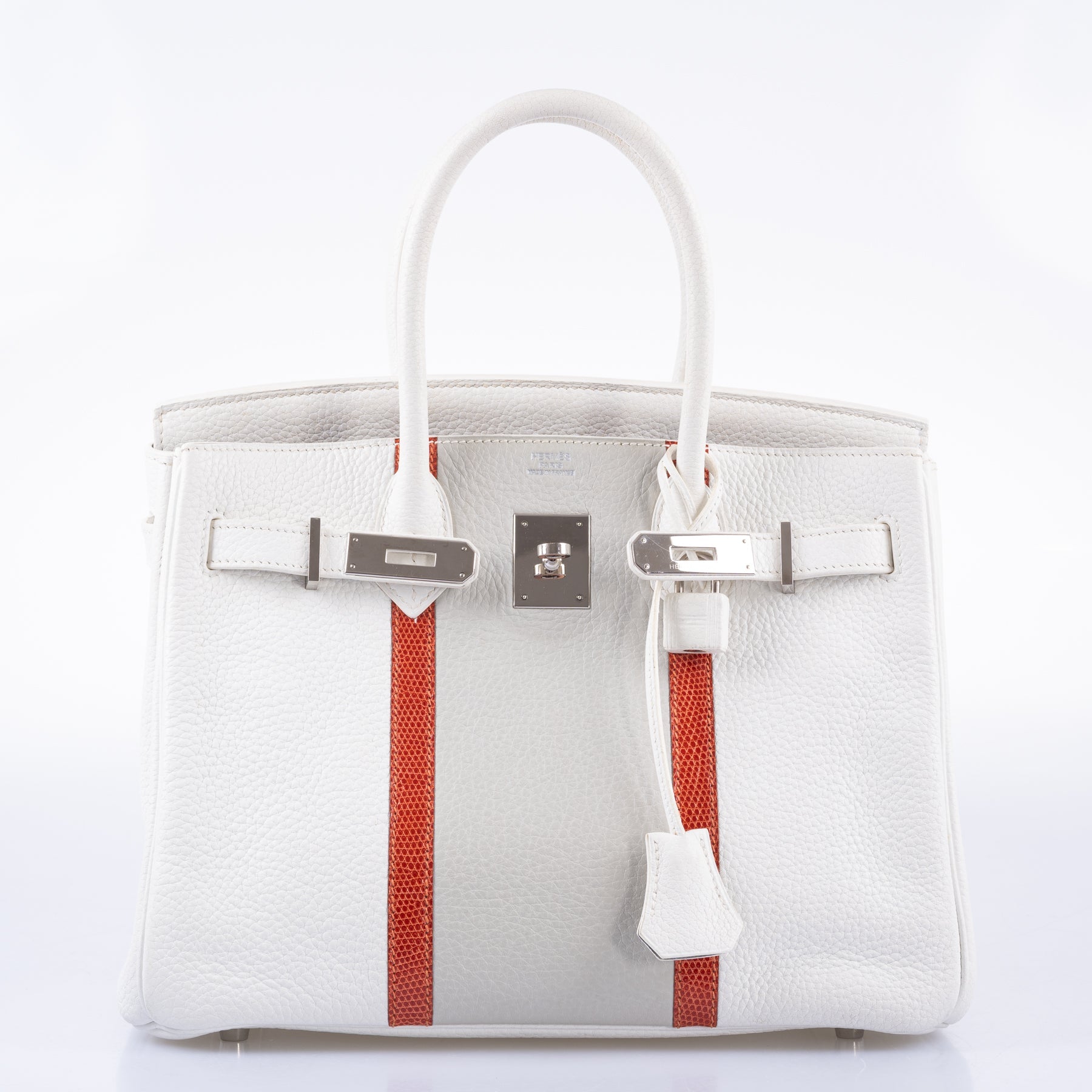 Hermès Club Birkin 30 White, Grey Clemence & Sanguine Lizard Palladium Hardware