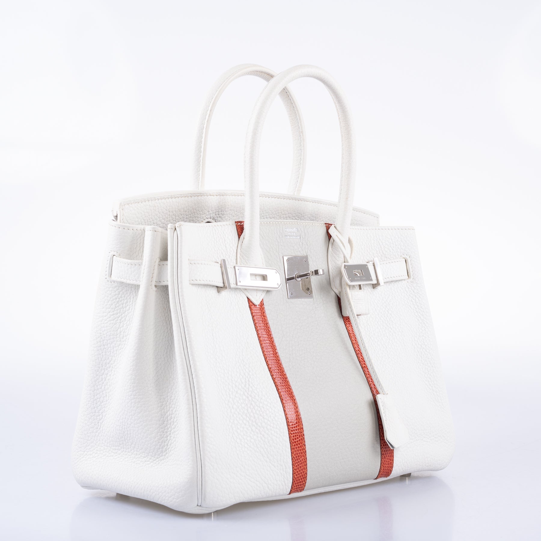 Hermès Club Birkin 30 White, Grey Clemence & Sanguine Lizard Palladium Hardware