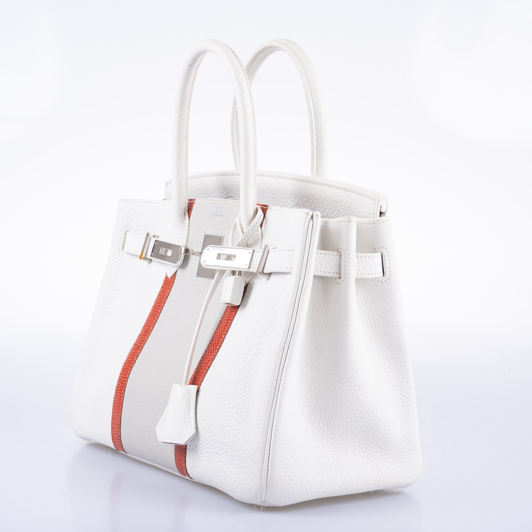 Hermès Club Birkin 30 White, Grey Clemence & Sanguine Lizard Palladium Hardware