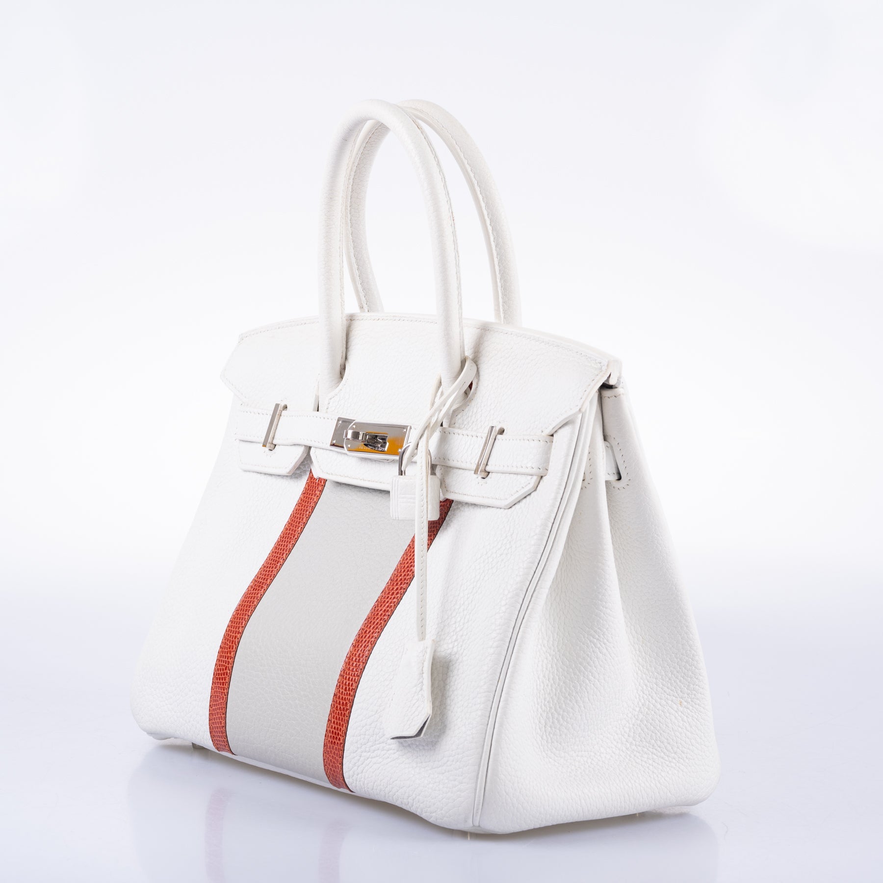Hermès Club Birkin 30 White, Grey Clemence & Sanguine Lizard Palladium Hardware