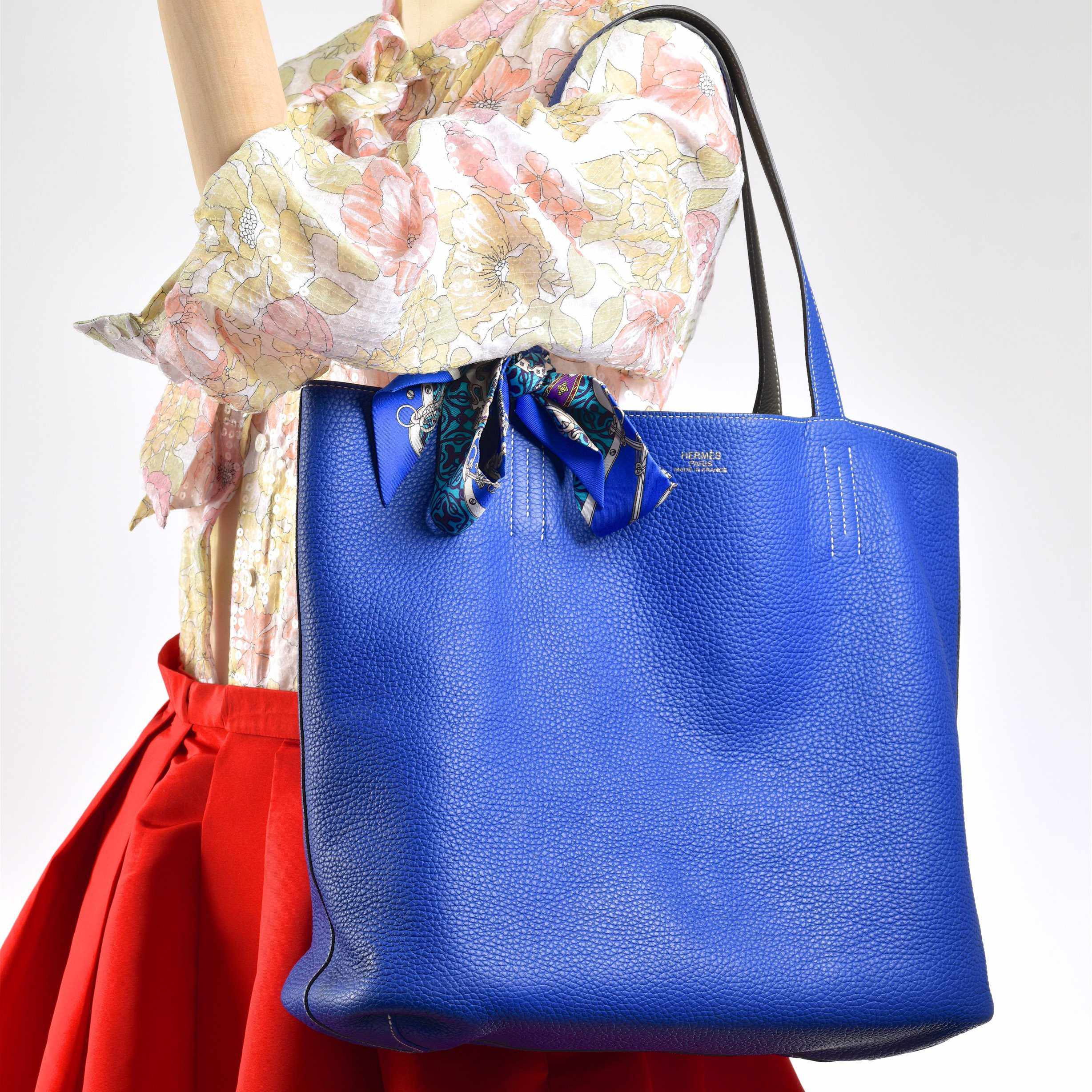 Hermès Double Sens 45 Tote Blue Electric And Etain Grey Clemence Reversible