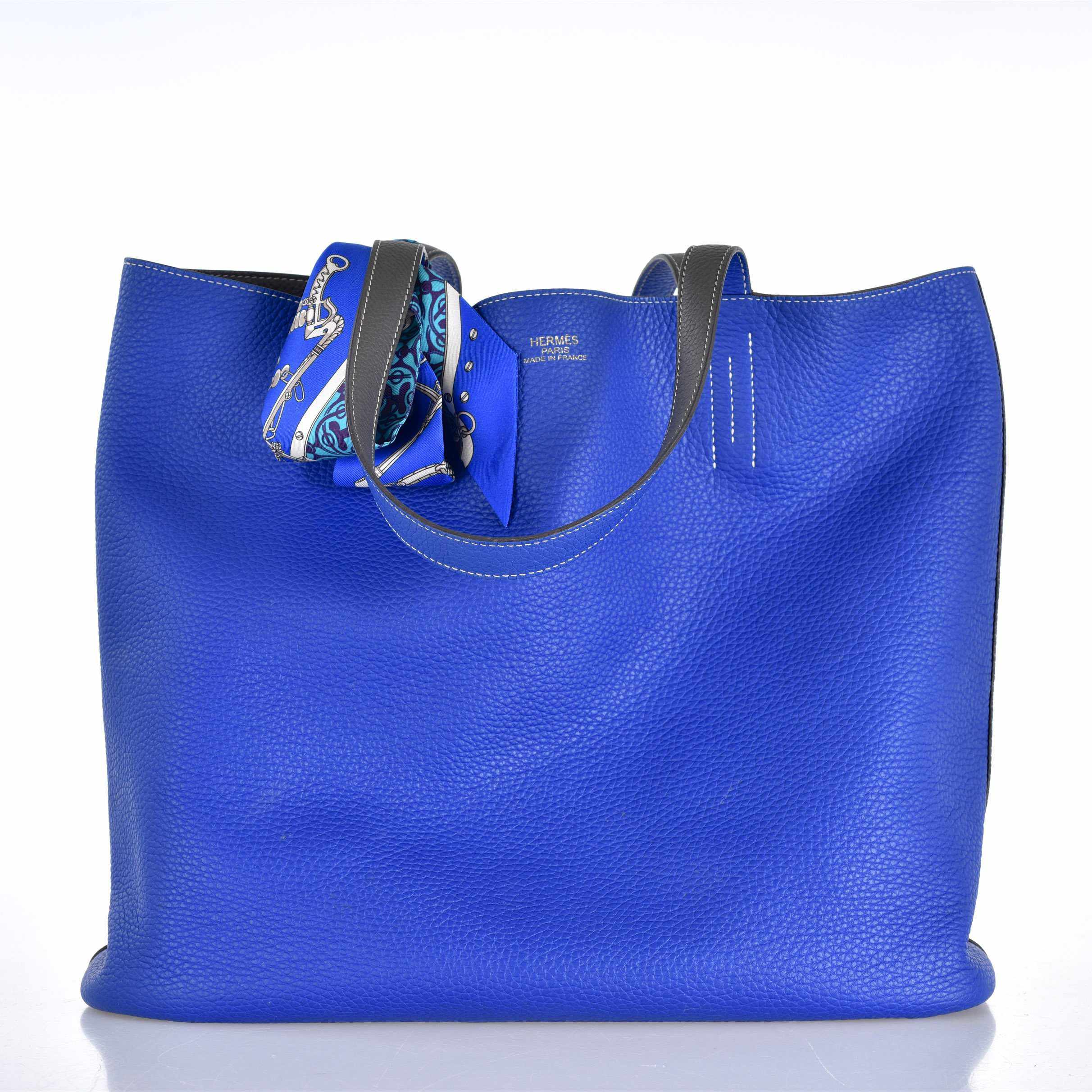 Hermès Double Sens 45 Tote Blue Electric And Etain Grey Clemence Reversible