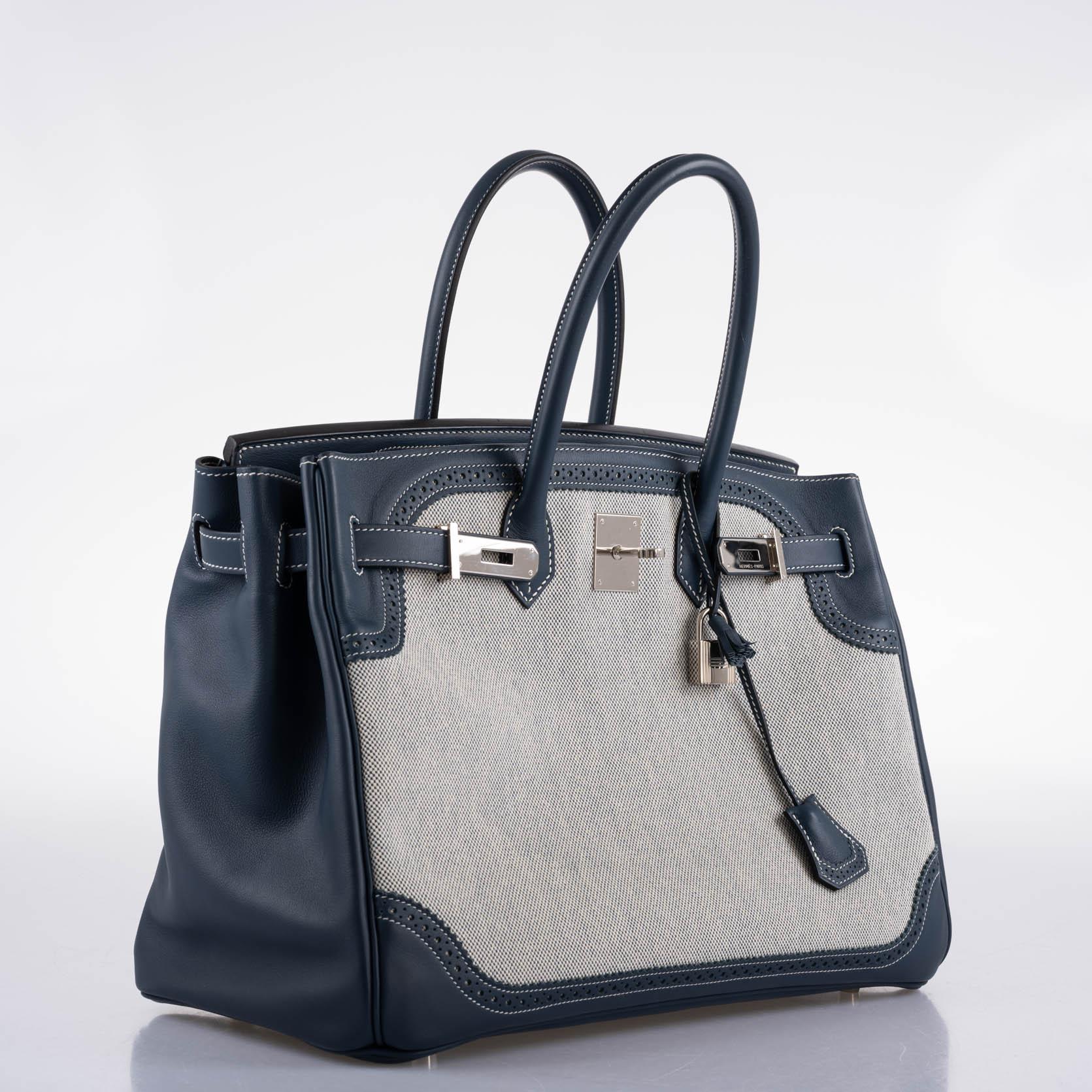Hermès Ghillies Birkin 35 Blue de Prusse Swift & Toile with Palladium Hardware - 2014, R Square