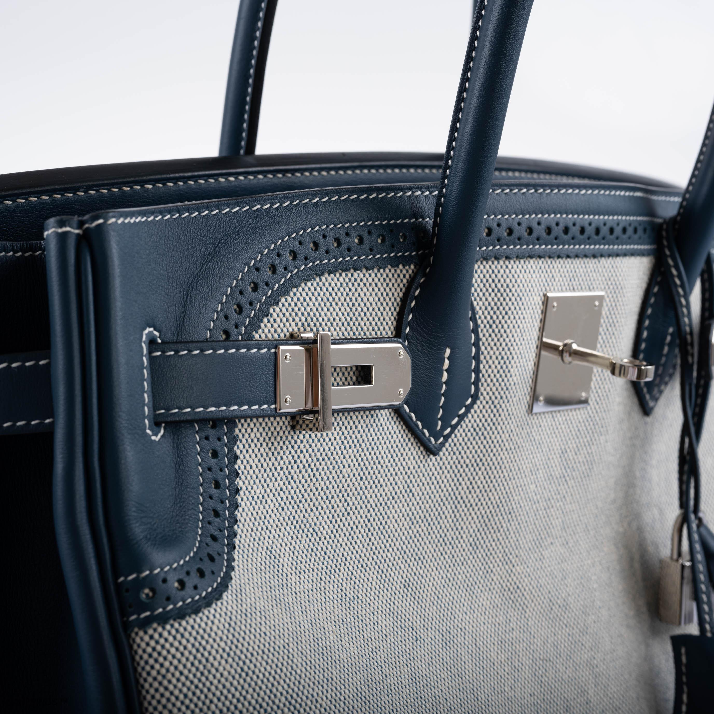 Hermès Ghillies Birkin 35 Blue de Prusse Swift & Toile with Palladium Hardware