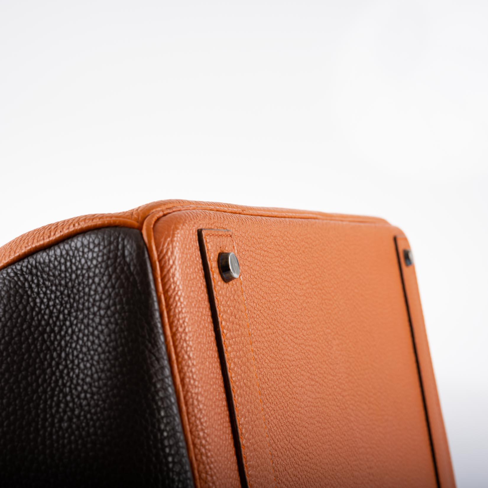 Hermès HAC Birkin 40 Tri-Color Rouge Garance, Chocolat & Terre Battue Fjord Leather Ruthenium Hardware - 2006, J Square