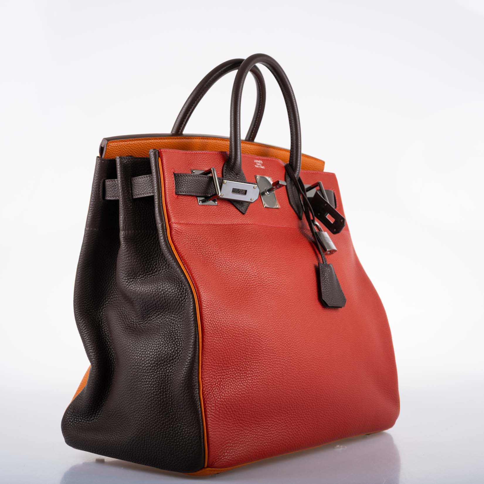 Hermès HAC Birkin 40 Tri-Color Rouge Garance, Chocolat & Terre Battue Fjord Leather Ruthenium Hardware - 2006, J Square
