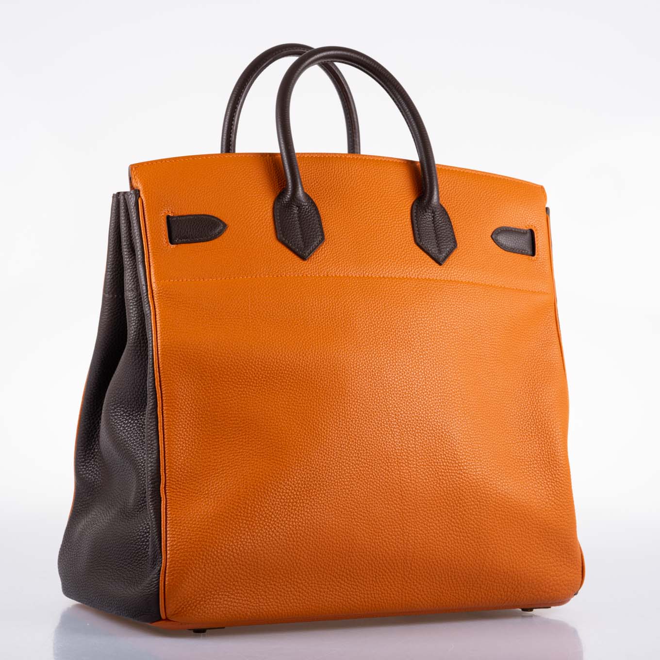 Hermès HAC Birkin 40 Tri-Color Rouge Garance, Chocolat & Terre Battue Fjord Leather Ruthenium Hardware - 2006, J Square