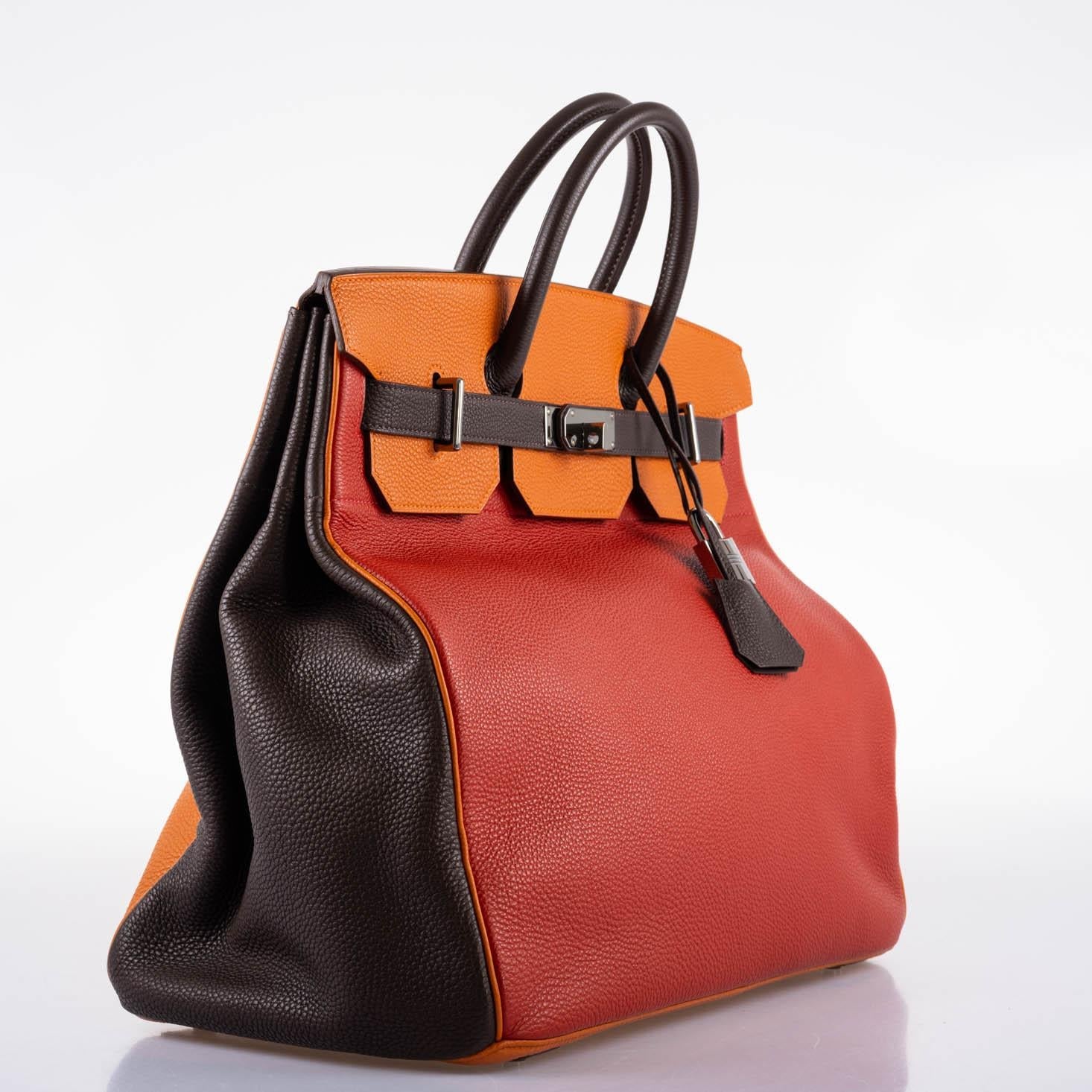 Hermès HAC Birkin 40 Tri-Color Rouge Garance, Chocolat & Terre Battue Fjord Leather Ruthenium Hardware - 2006, J Square