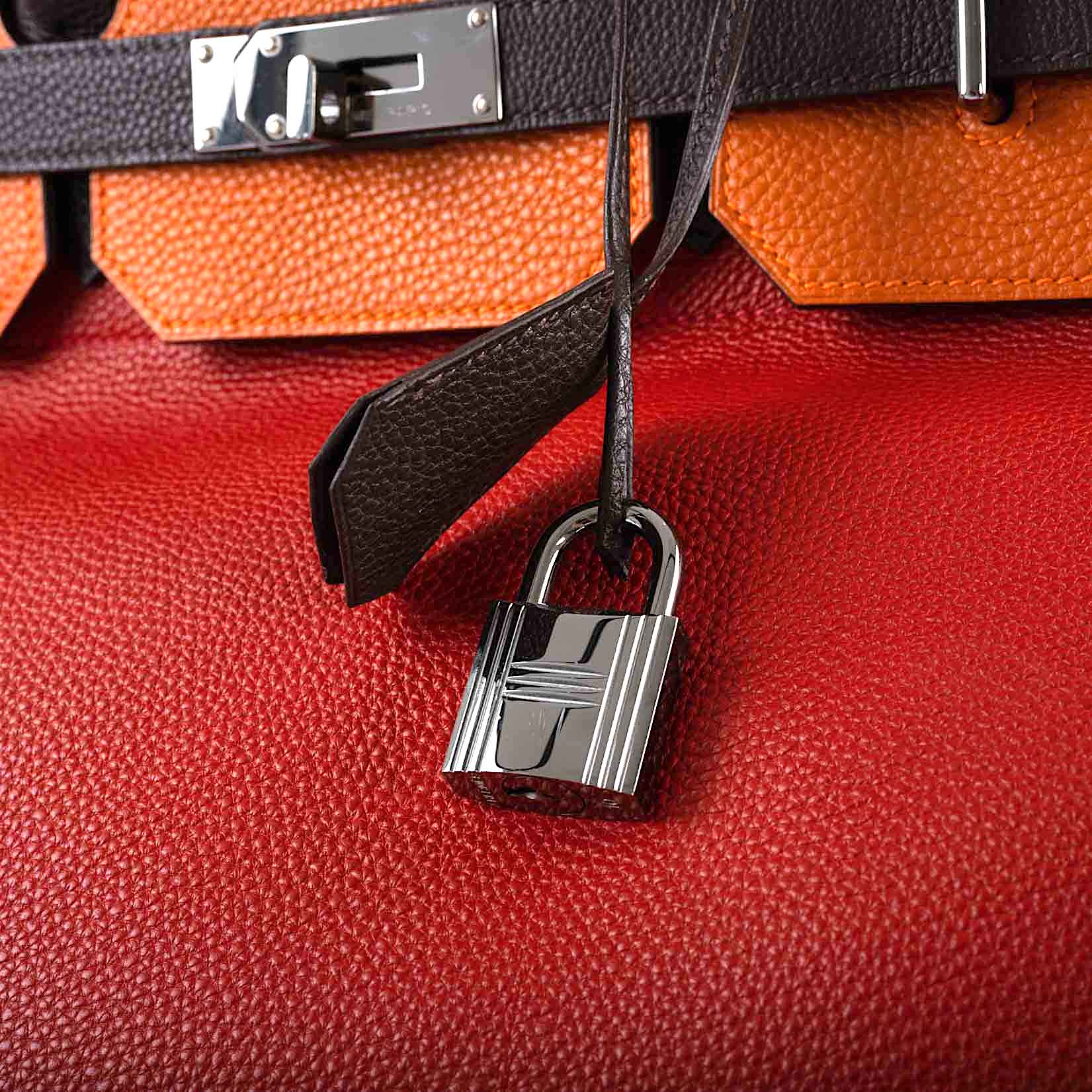 Hermès HAC Birkin 40 Tri-Color Rouge Garance, Chocolat & Terre Battue Fjord Leather Ruthenium Hardware - 2006, J Square