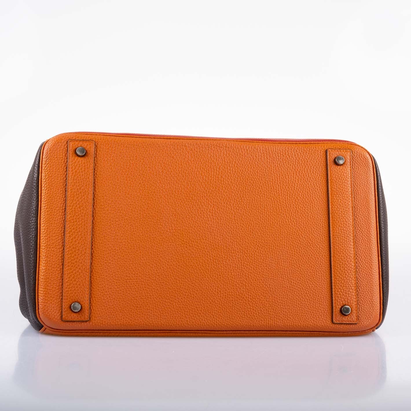 Hermès HAC Birkin 40 Tri-Color Rouge Garance, Chocolat & Terre Battue Fjord Leather Ruthenium Hardware - 2006, J Square