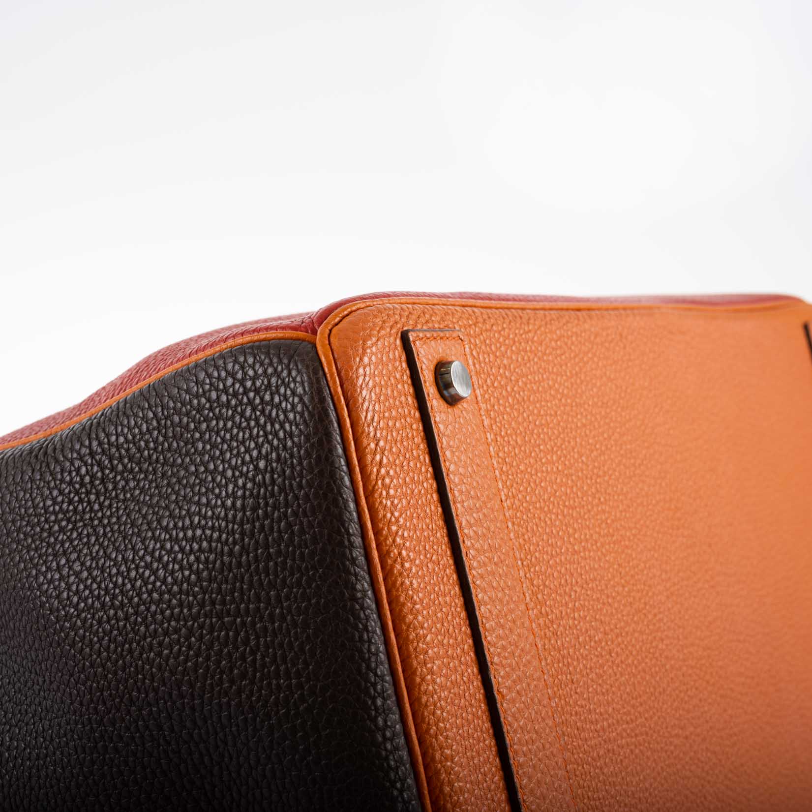 Hermès HAC Birkin 40 Tri-Color Rouge Garance, Chocolat & Terre Battue Fjord Leather Ruthenium Hardware - 2006, J Square