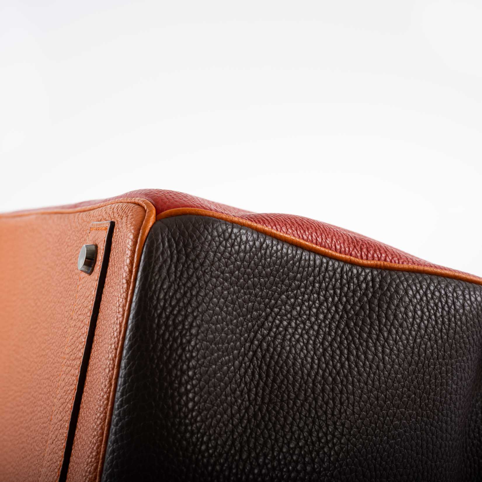 Hermès HAC Birkin 40 Tri-Color Rouge Garance, Chocolat & Terre Battue Fjord Leather Ruthenium Hardware - 2006, J Square