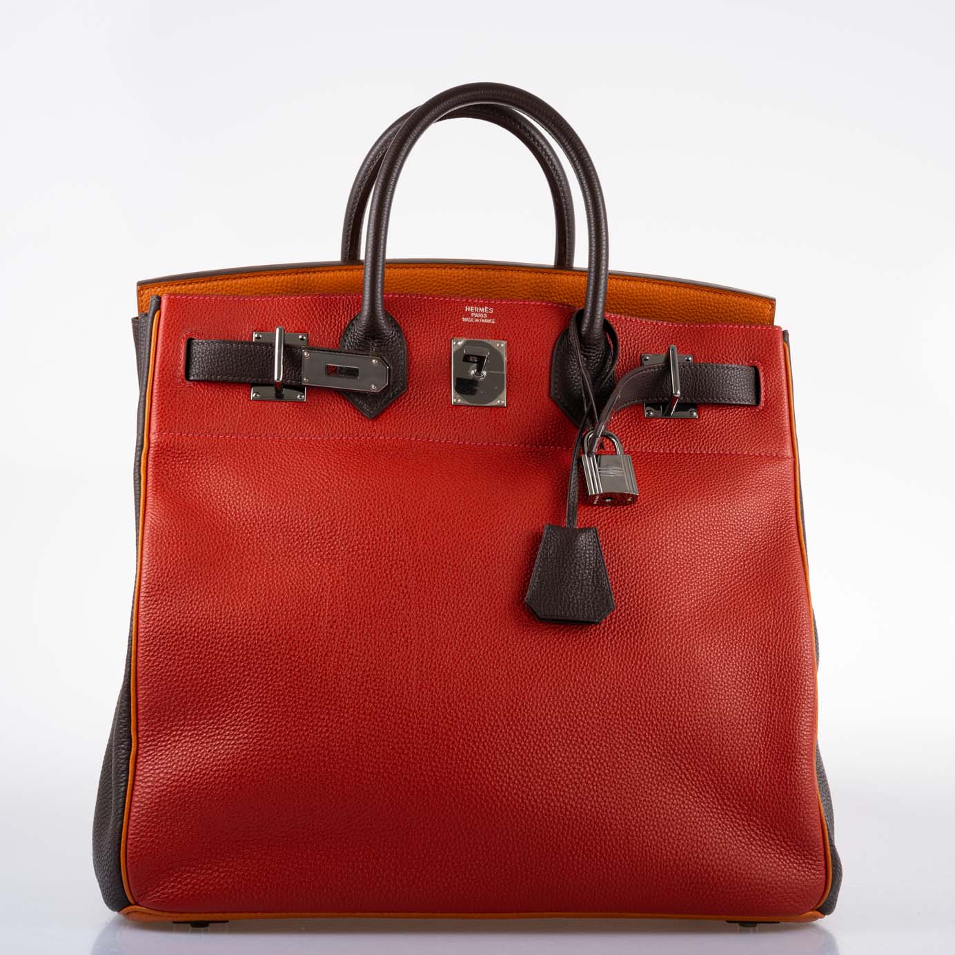 Hermès HAC Birkin 40 Tri-Color Rouge Garance Chocolat Terre Battue Fjord Ruthenium Hardware