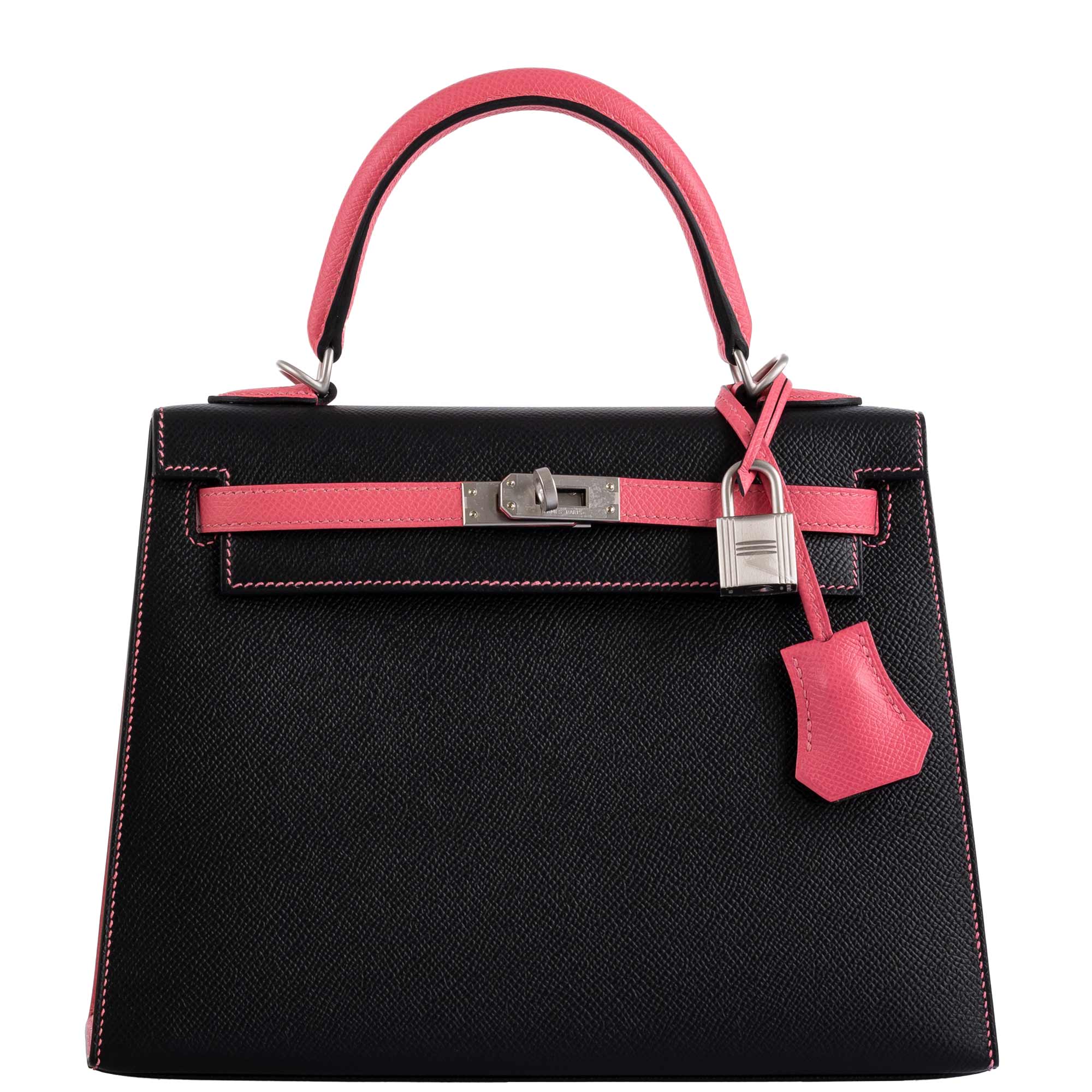 Hermès HSS Kelly 25 Sellier Rose Azalee & Black Epsom with Brushed Palladium Hardware