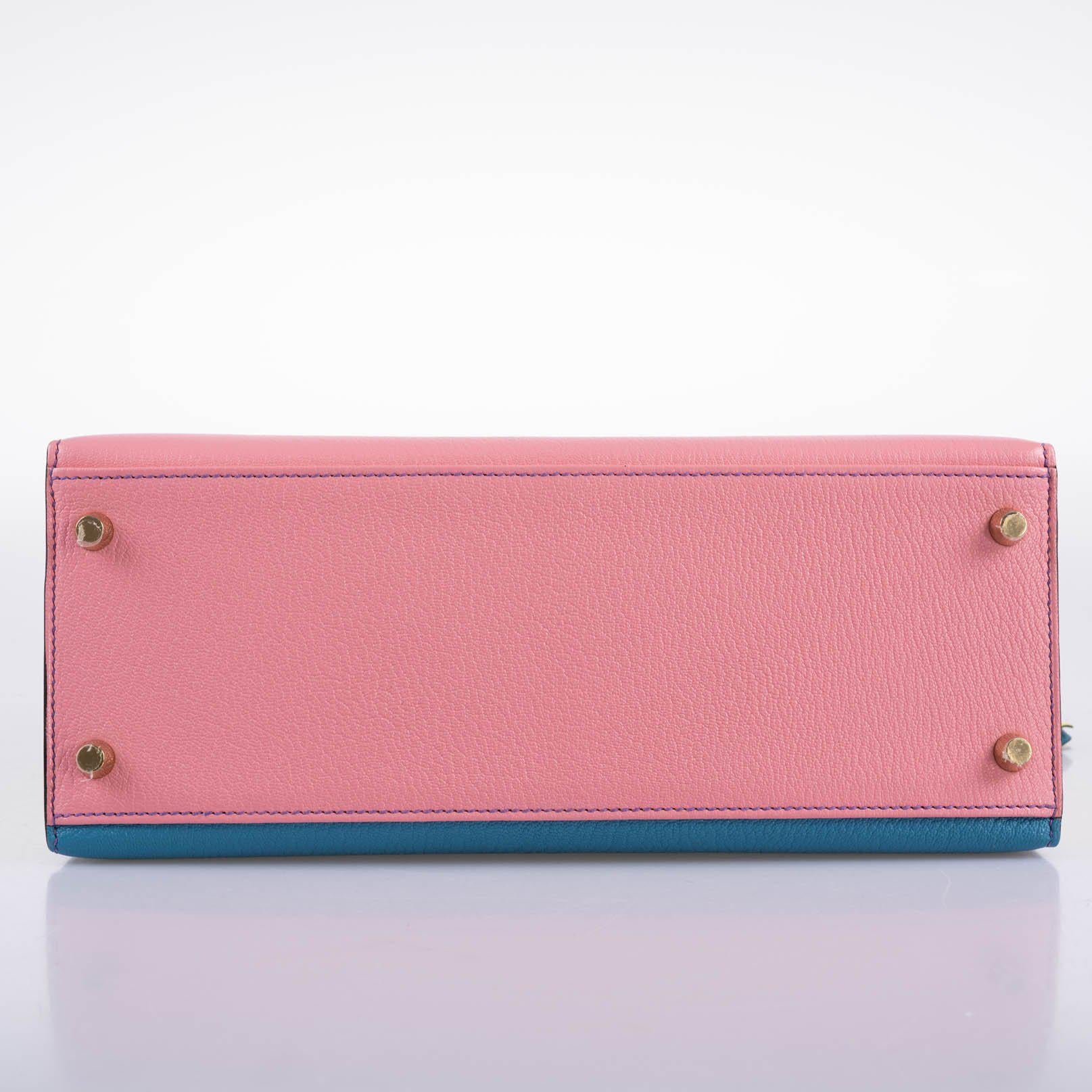 Hermès HSS Kelly 28 Sellier Tri-Color Rose Confetti, Lime & Blue Aztec Chevre with Brushed Gold Hardware - 2019, D