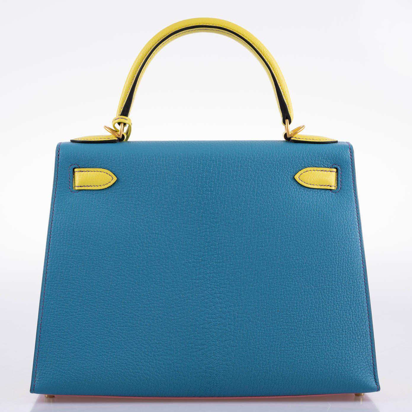 Hermès HSS Kelly 28 Sellier Tri-Color Rose Confetti, Lime & Blue Aztec Chevre with Brushed Gold Hardware - 2019, D