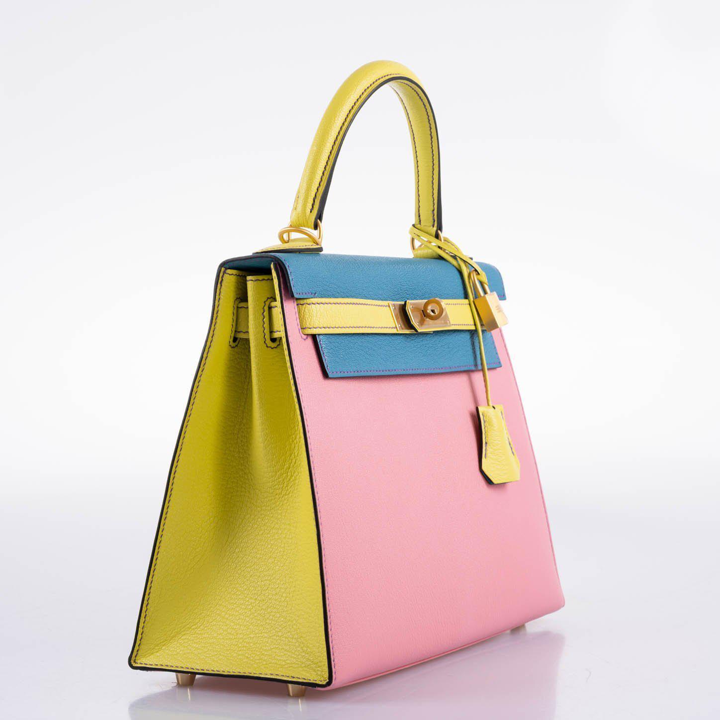 Hermès HSS Kelly 28 Sellier Tri-Color Rose Confetti, Lime & Blue Aztec Chevre with Brushed Gold Hardware - 2019, D