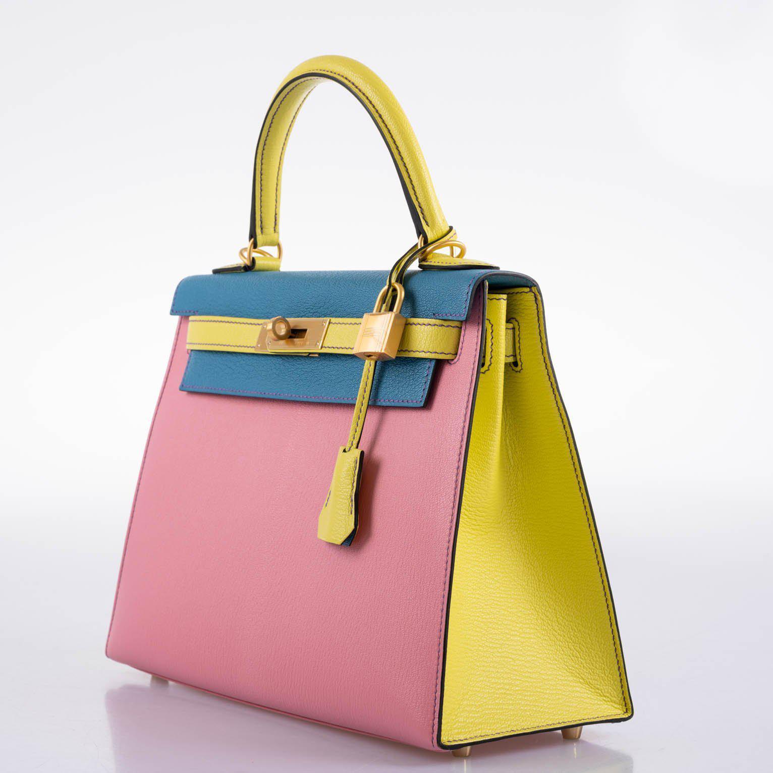 Hermès HSS Kelly 28 Sellier Tri-Color Rose Confetti, Lime & Blue Aztec Chevre with Brushed Gold Hardware - 2019, D