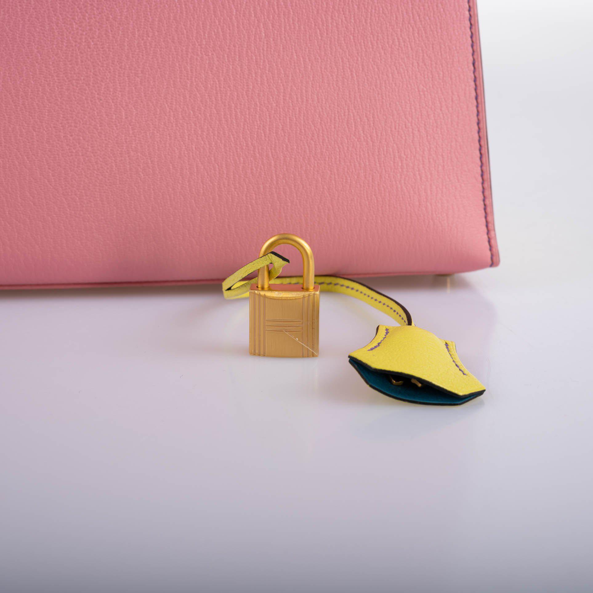 Hermès HSS Kelly 28 Sellier Tri-Color Rose Confetti, Lime & Blue Aztec Chevre with Brushed Gold Hardware - 2019, D