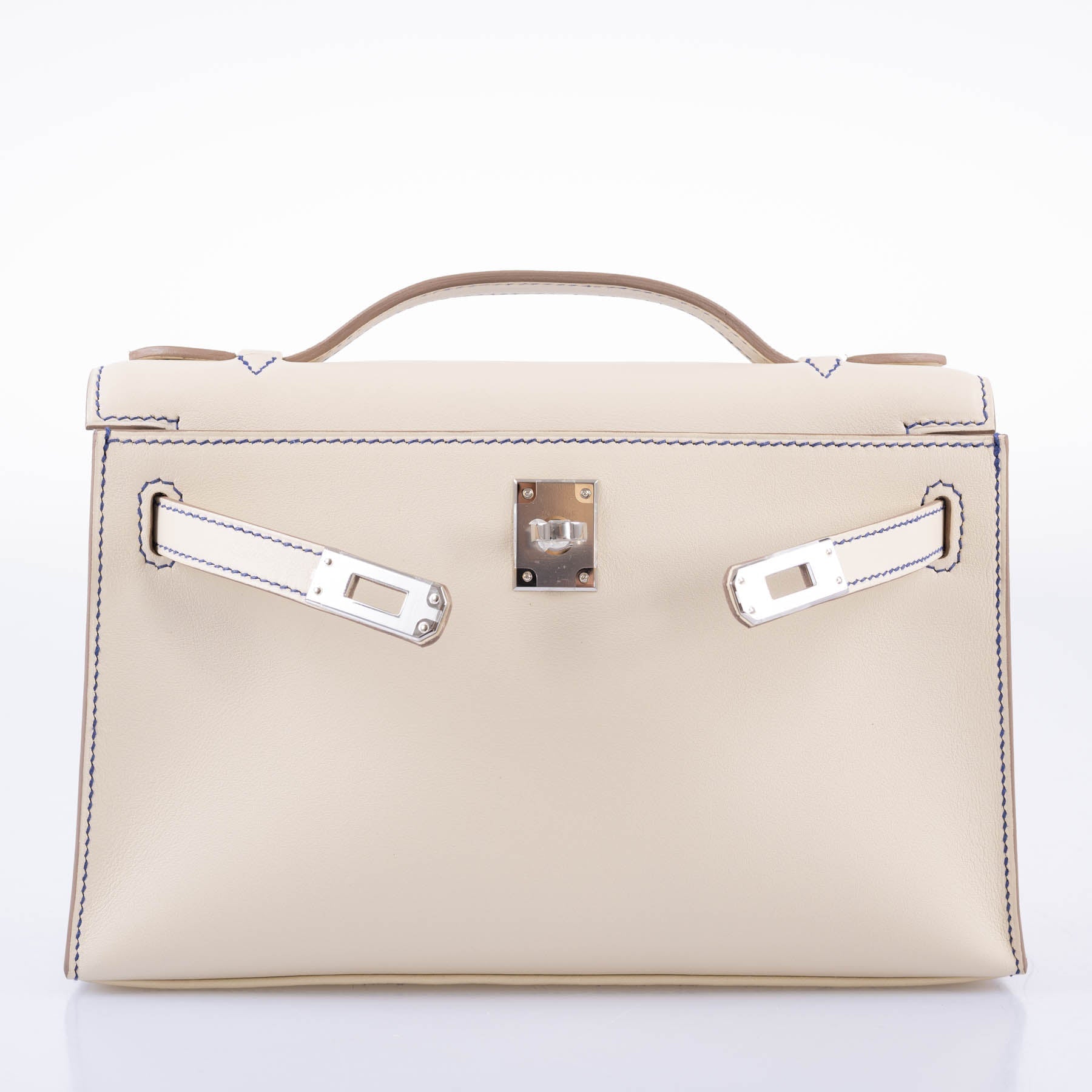 Hermès HSS Kelly Pochette Craie & Blue Electric Swift with Palladium Hardware - 2021, Z