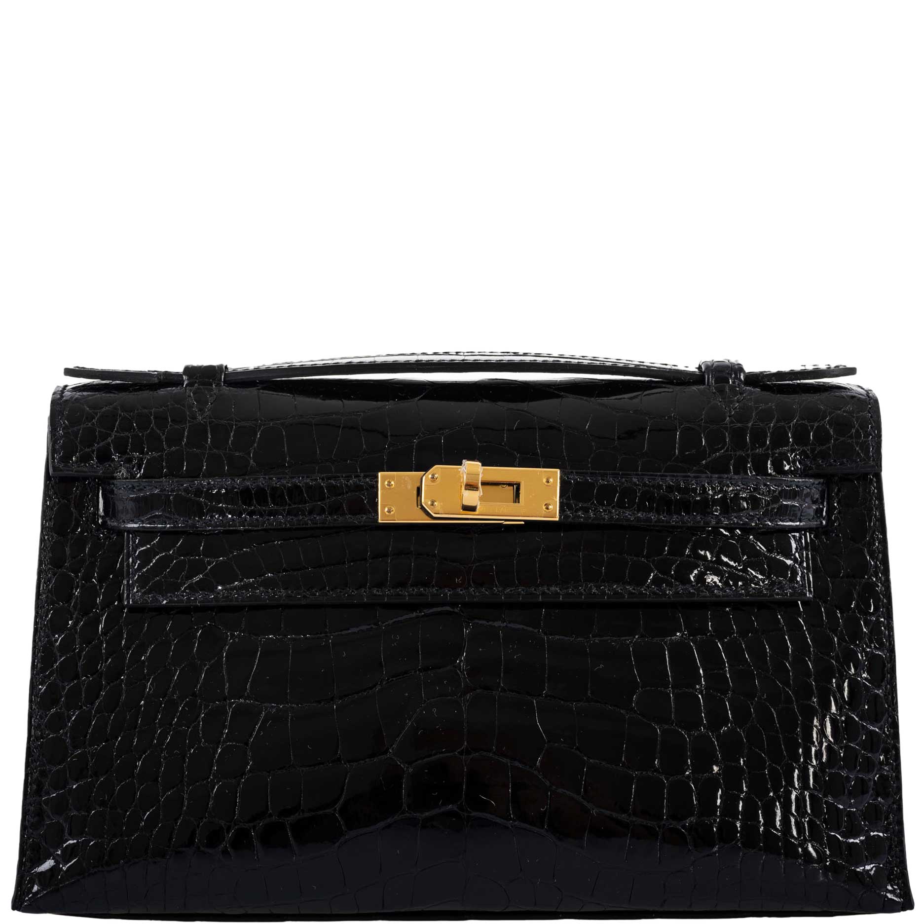 Hermes Kelly Pochette Noir Black Alligator Lisse Shiny Gold Hardware #C -  Vendome Monte Carlo