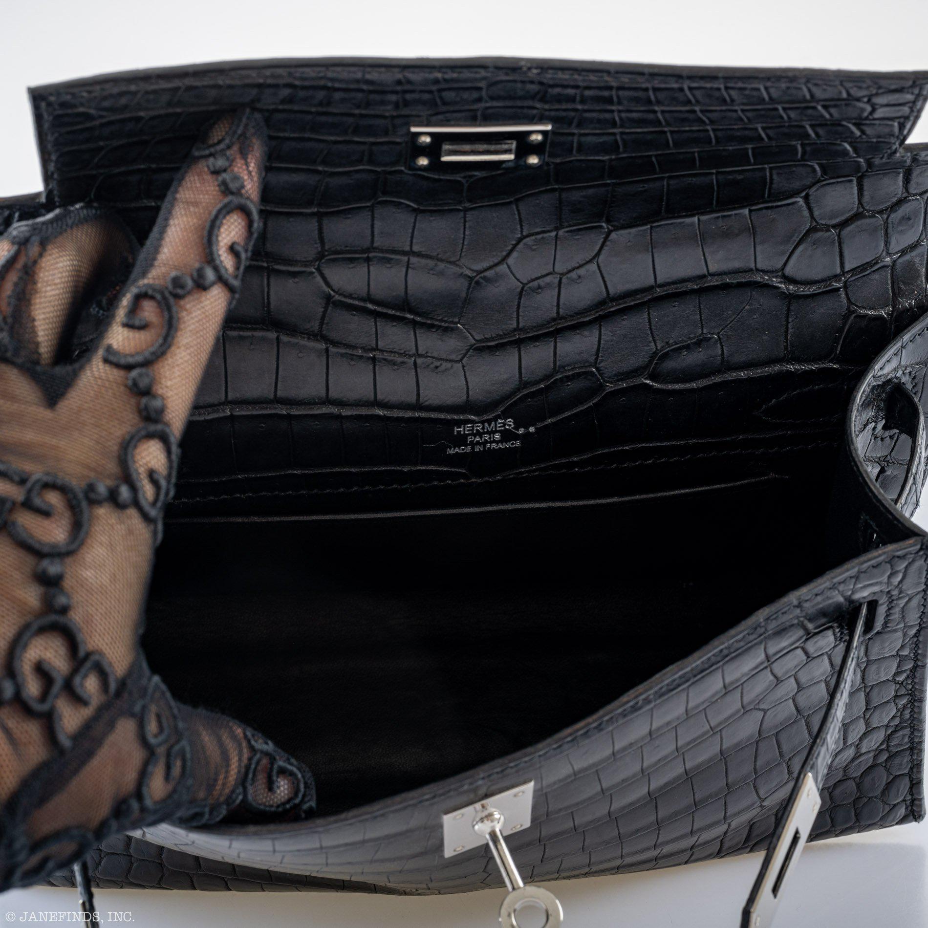 Hermès JPG Kelly Pochette Black Matte Niloticus Crocodile Palladium Hardware - Square L