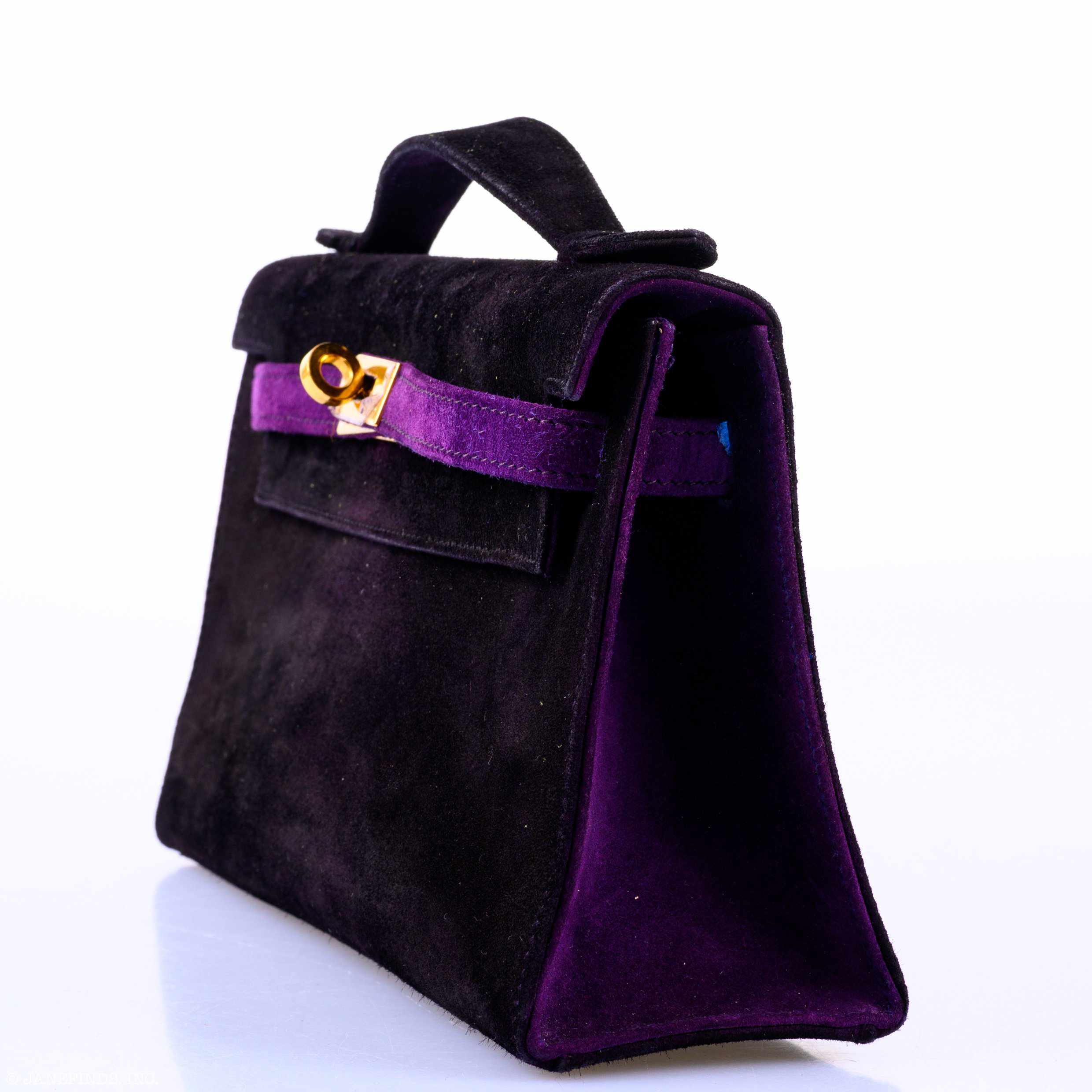 Hermès JPG Kelly Pochette Black & Violet Veau Doblis Suede Gold Hardware