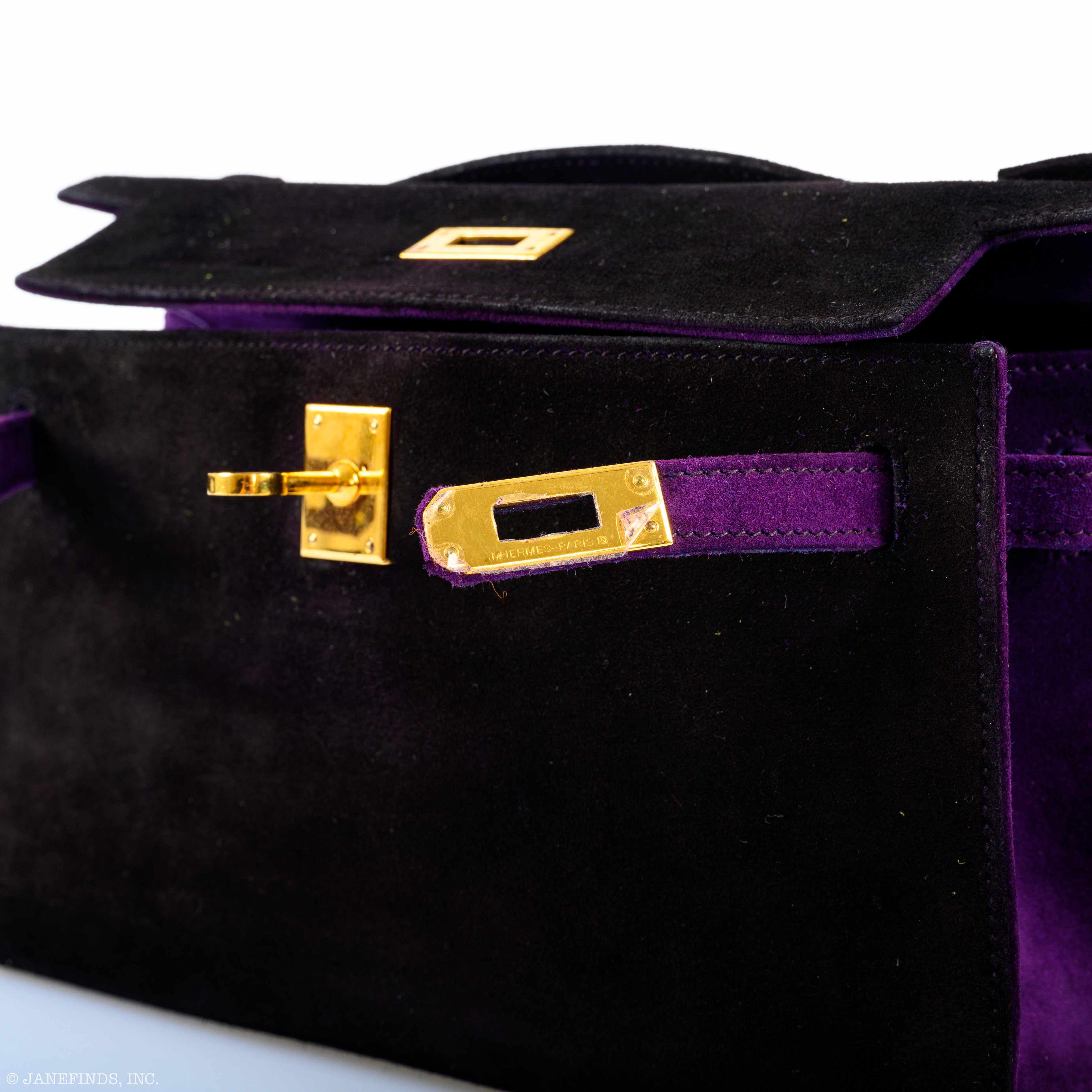 Hermès JPG Kelly Pochette Black & Violet Veau Doblis Suede Gold Hardware