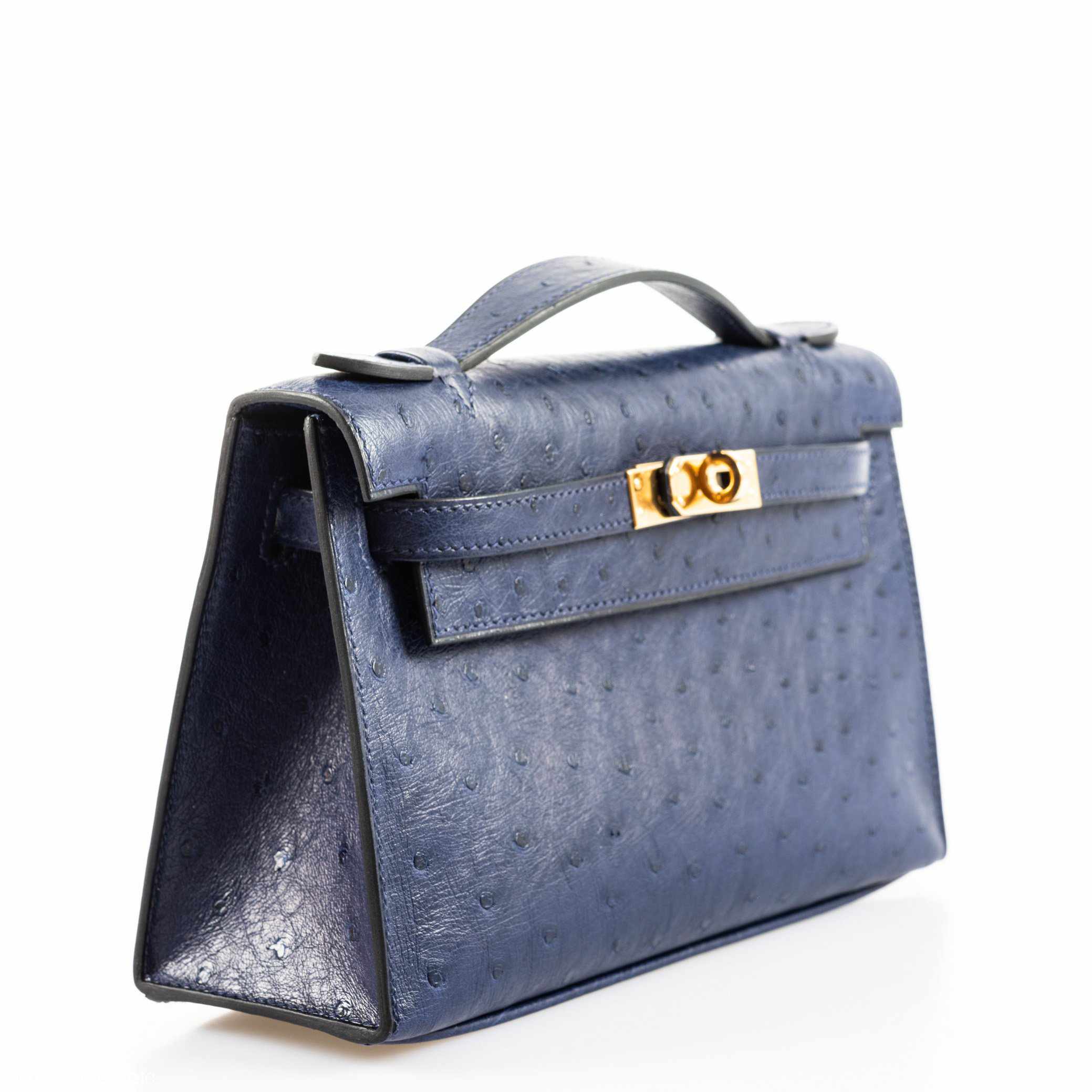 Hermès JPG Kelly Pochette Blue Iris Ostrich Gold Hardware