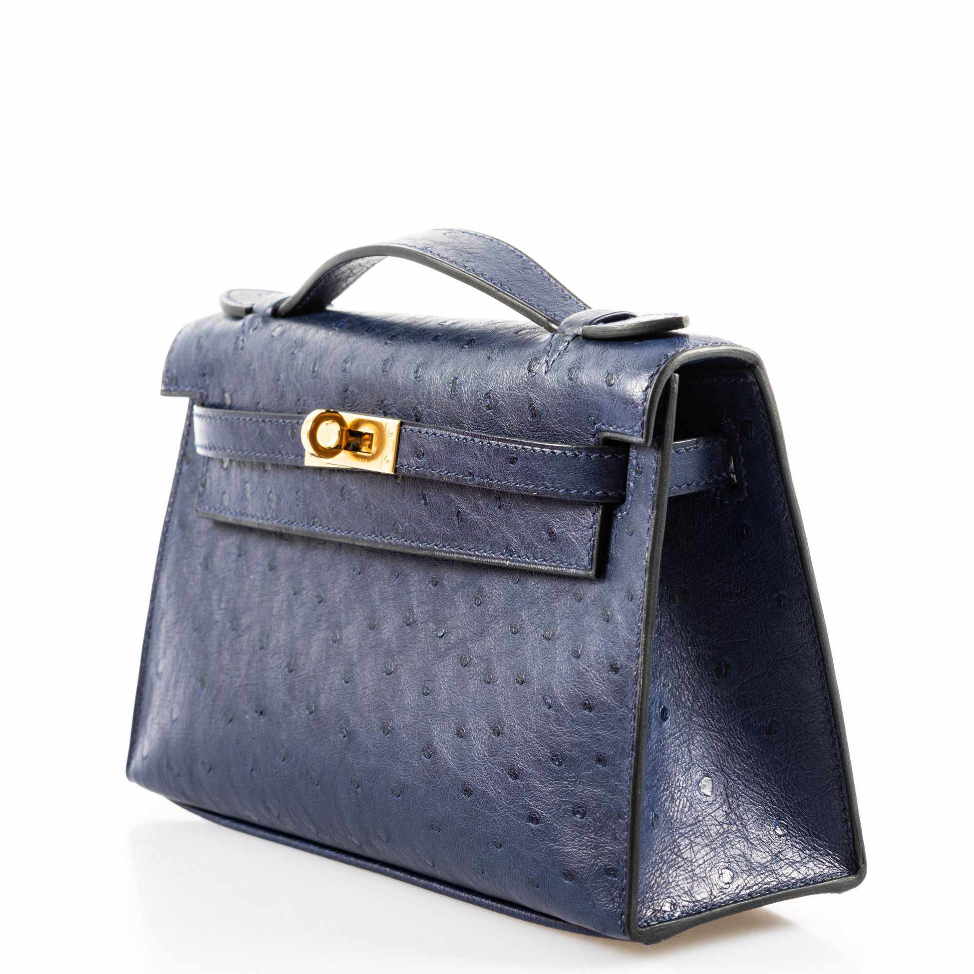 Hermès JPG Kelly Pochette Blue Iris Ostrich Gold Hardware